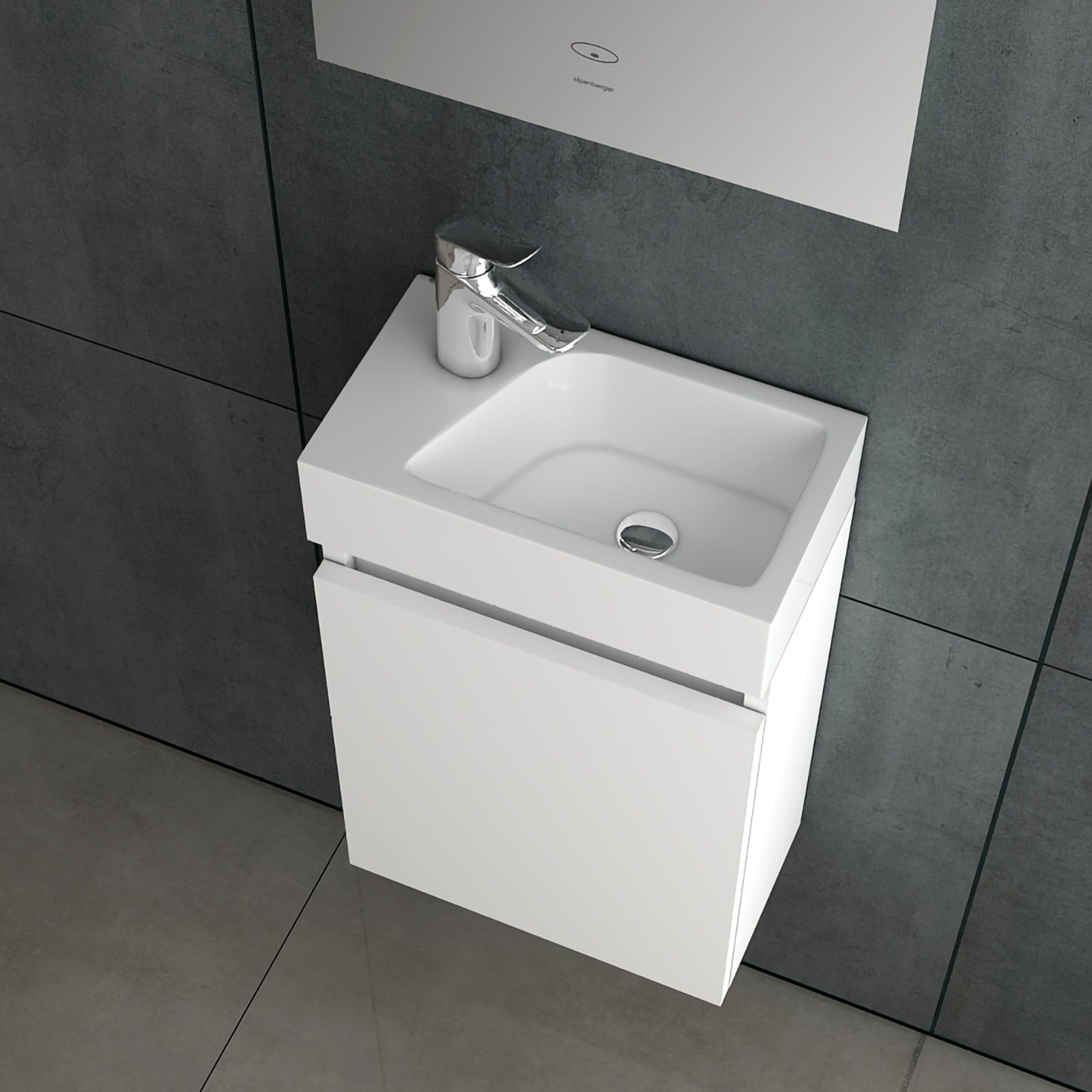 Alpenberger Badmöbel-Set - Gäste-WC Badmöbel Waschbecken & vormontierter Unterschrank, (Komplett-Set, 2-St., Badezimmermöbel Set Weiß Hochglanz), Waschbeckenunterschrank Weiß mit Soft-Close, Waschplatz pflegeleicht