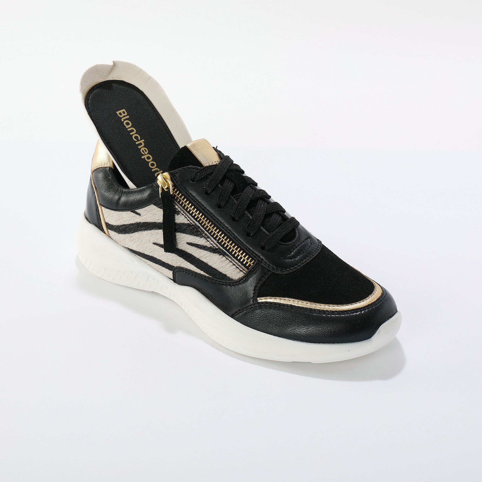Baskets zippées à lacets en cuir, motif zébré