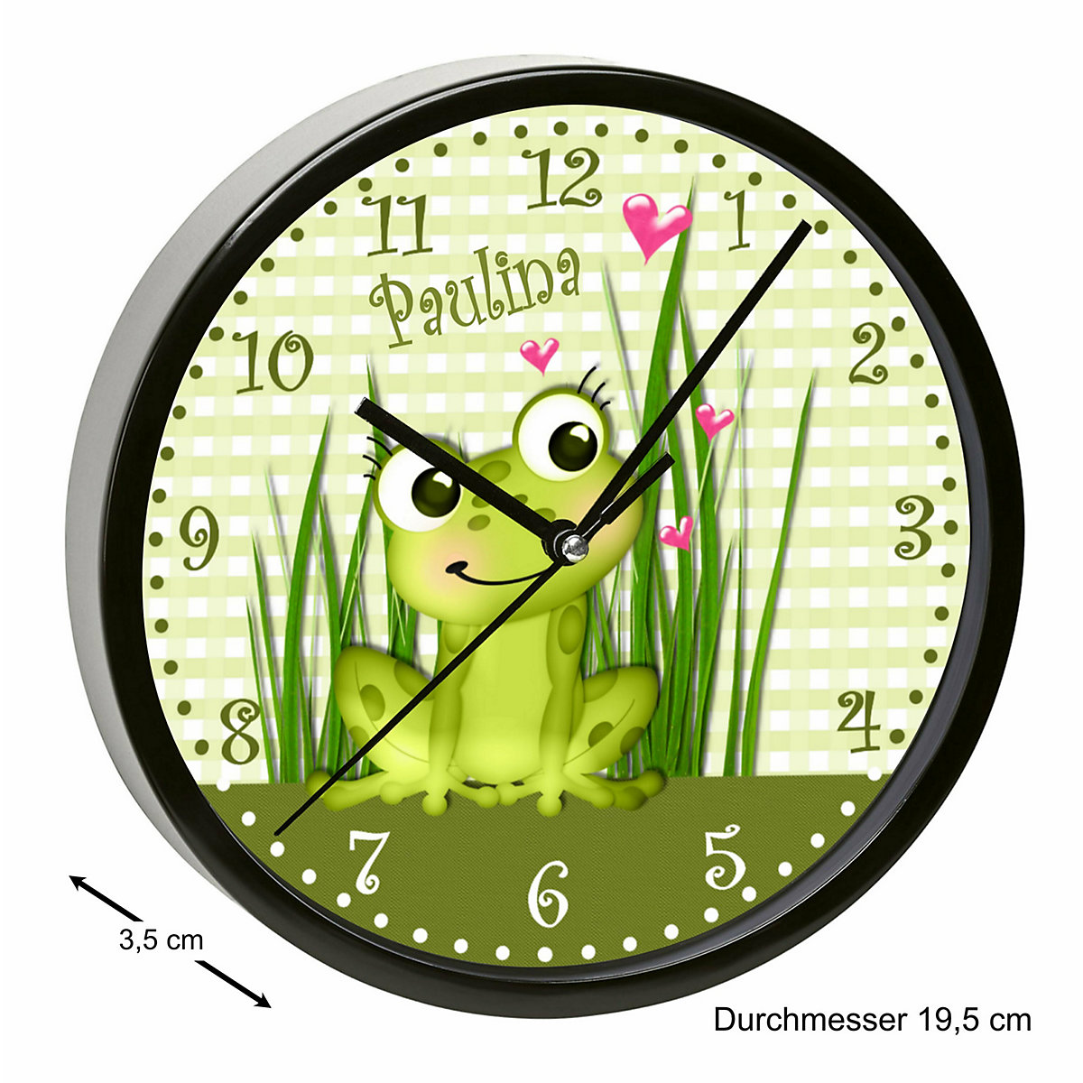 Kinder Wanduhr laufruhig personalisiert mit Name Frosch-Graß-Karo