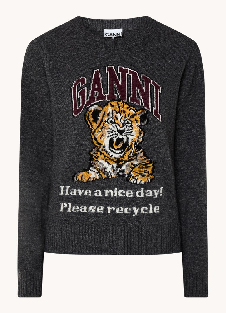 Maglione Ganni a maglia fine in misto lana con logo lavorato a maglia