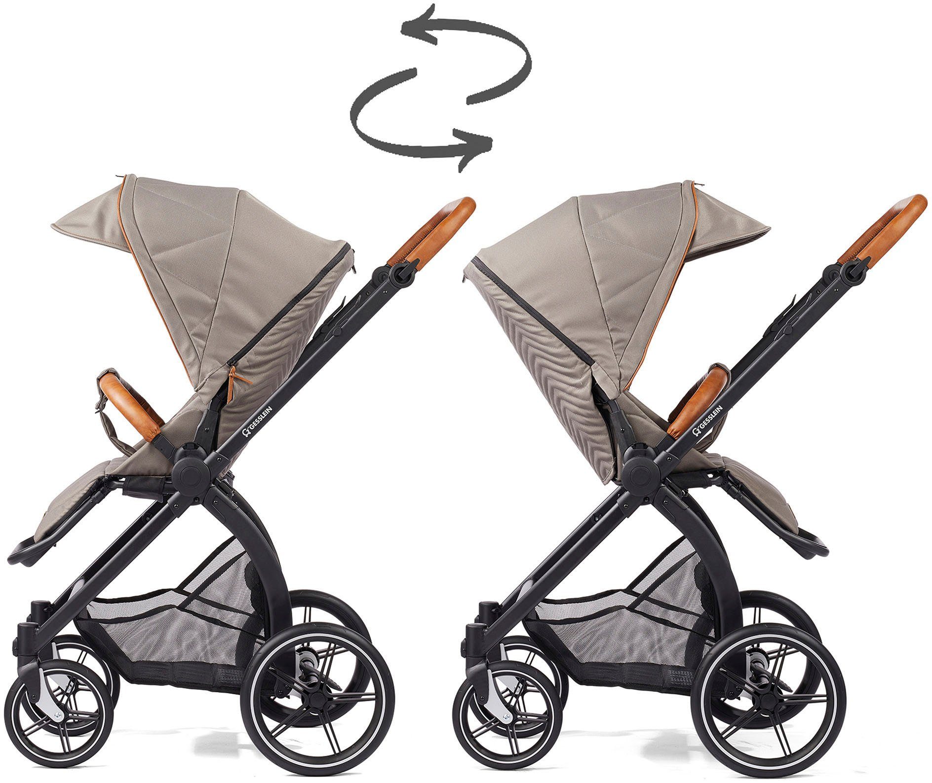 Gesslein Kombi-Kinderwagen FX4 Soft+ mit Aufsatz Style, moos/tabak, mit Babywanne C3 und Babyschalenadapter