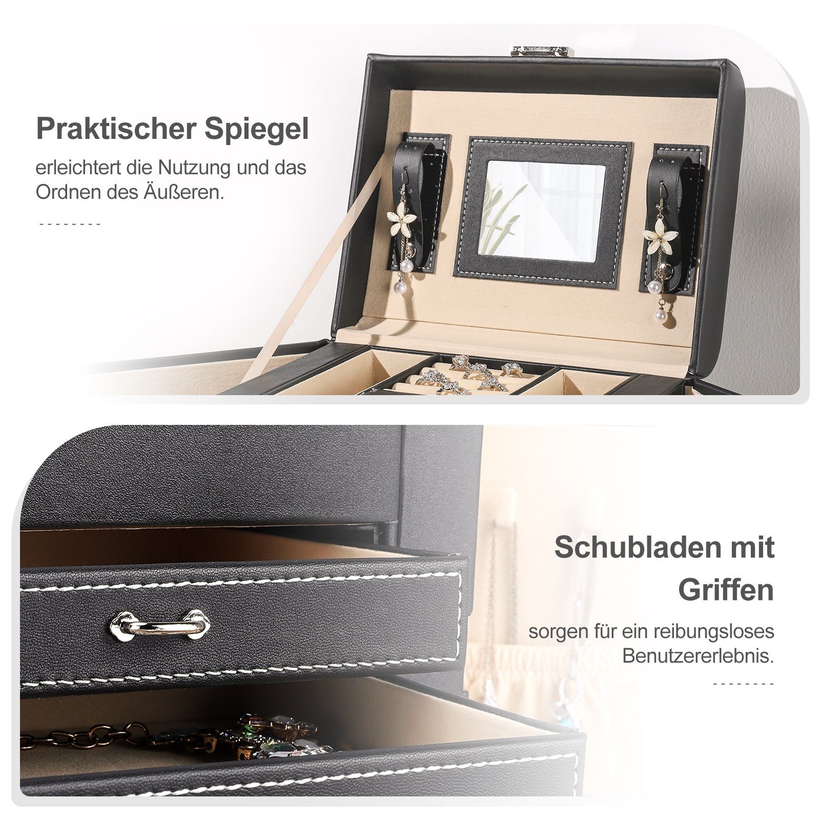 Yorbay Schmuckkasten Schmuckkoffer mit 4 Ebenen und 2 Seitenfächern, Schwarz (Komplett abschließbare Schmuckschatulle, Mit Spiegel), Schmuckkästchen für Halsketten, Ringe, Armbänder, Ohrringe