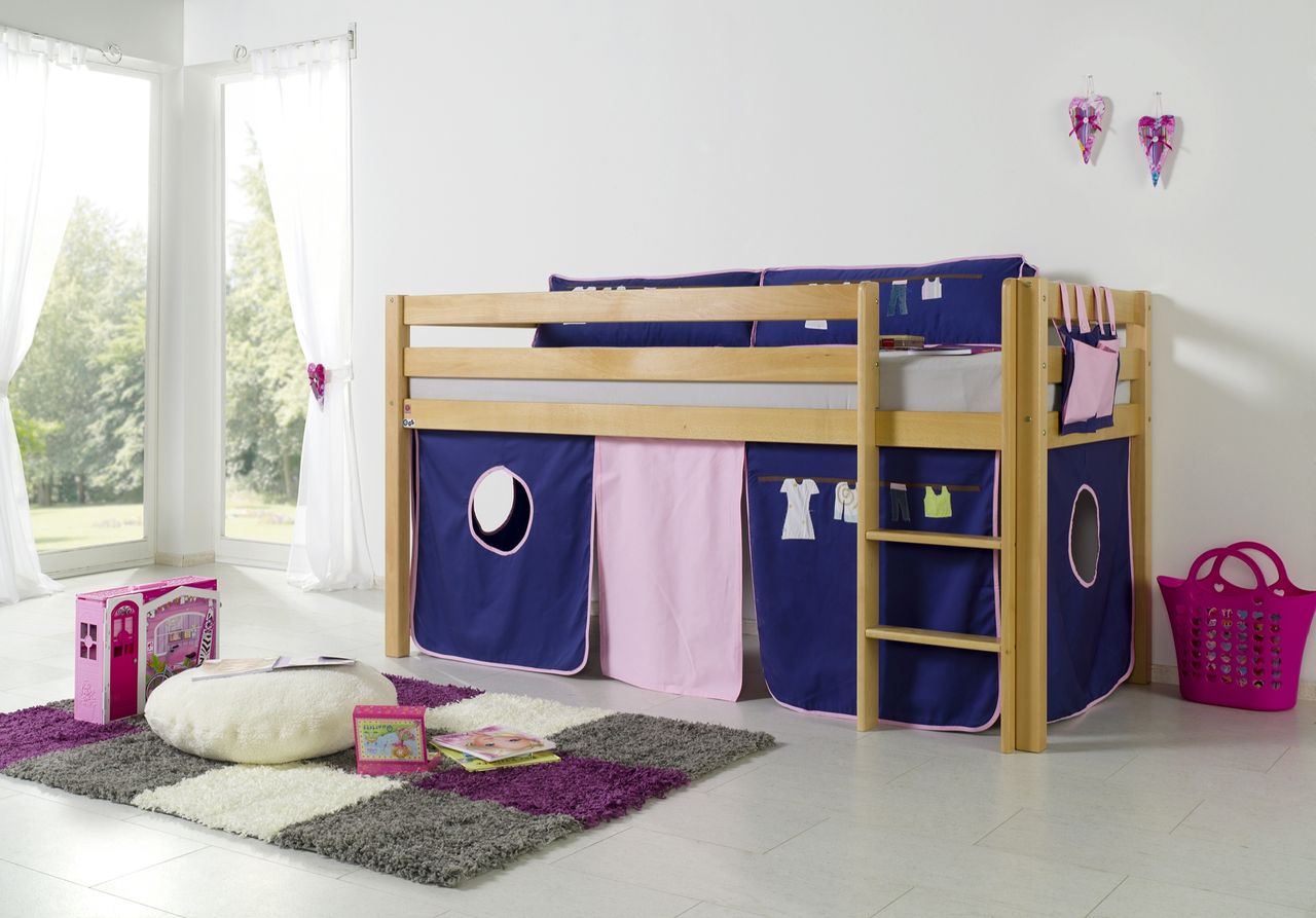 Relita Halbhohes Spielbett ALEX Buche massiv natur lackiert mit Stoffset Kleider Kleider/Violett