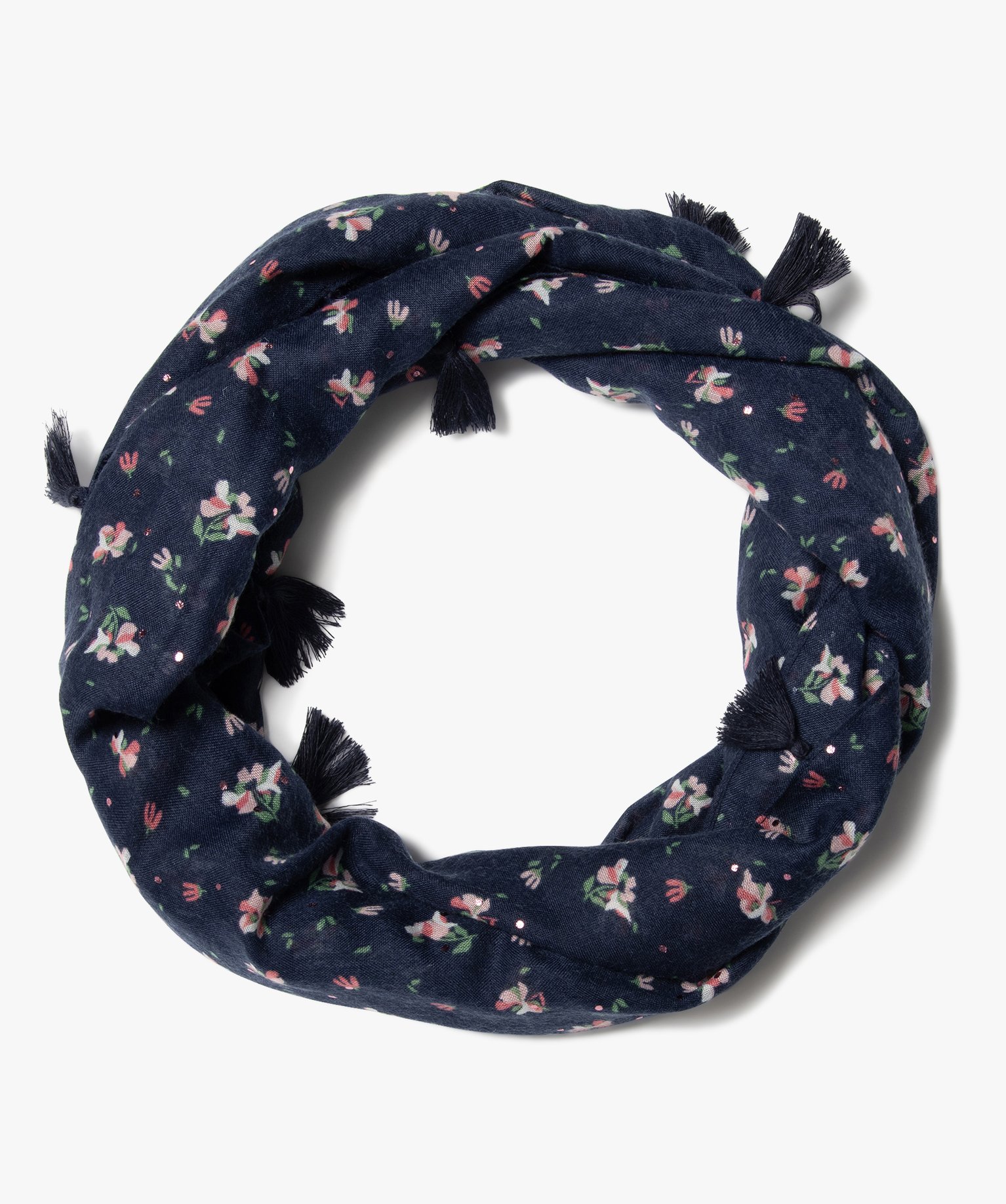 Foulard fille forme snood motif fleurs, pois et à pompons bleu | GEMO