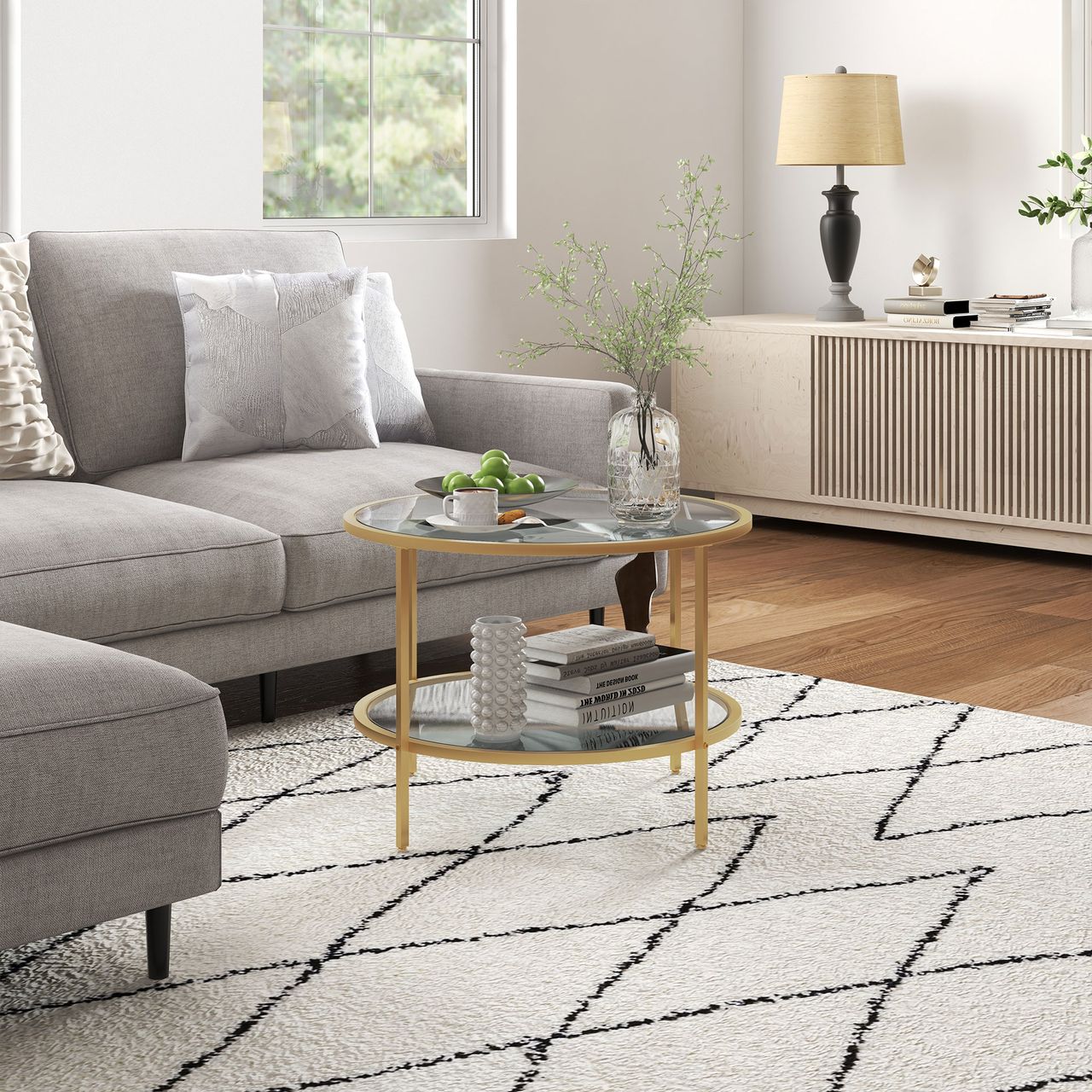 HOMCOM Beistelltisch Rund Couchtisch mit Ablage, Stahlrahmen, Kaffeetisch Gold