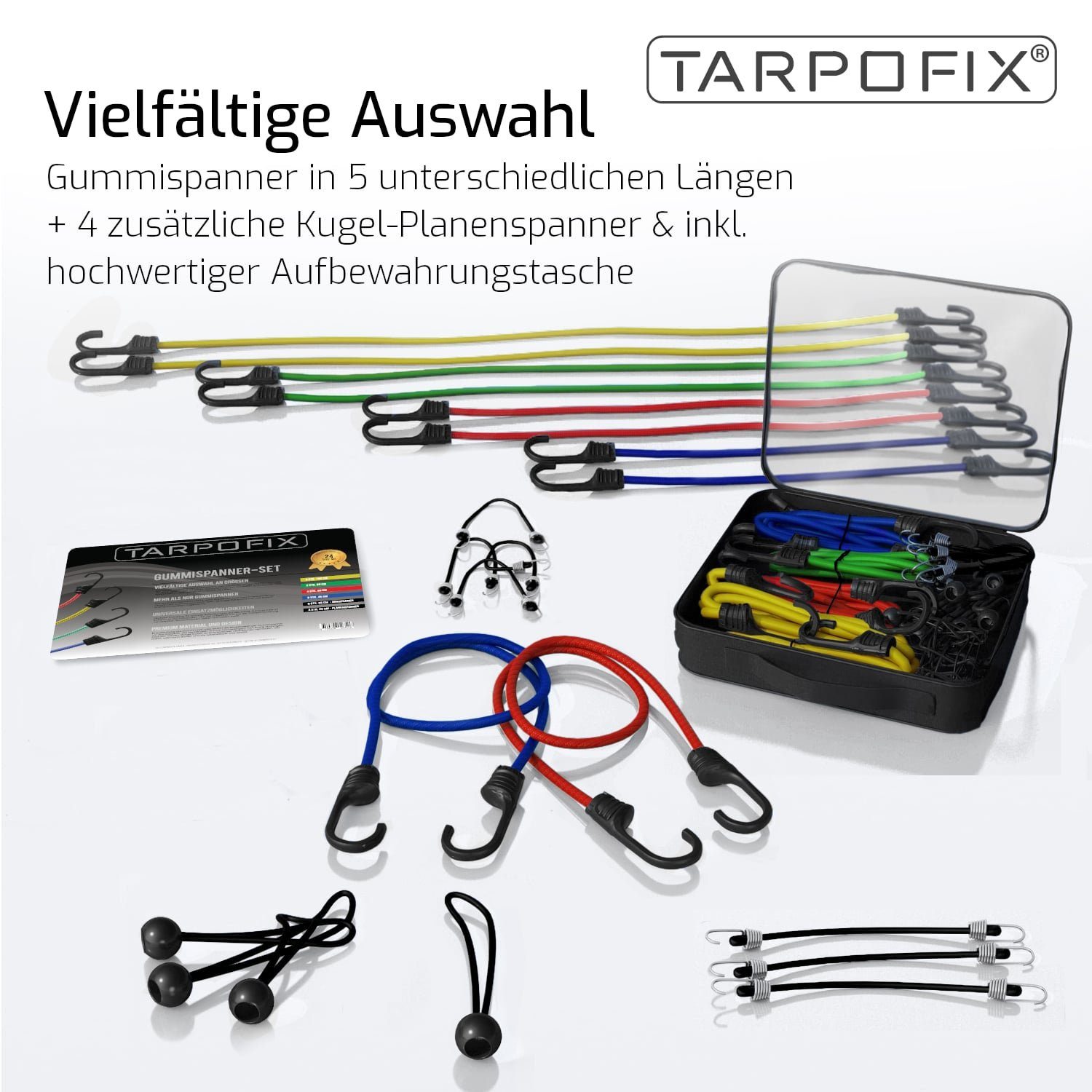 Tarpofix® Spanngurt Gepäckspanner Spanngummi Set 25-100 cm (24er-Set) Kunststoff ummantelte Expander Haken - universell nutzbar als Spanngurte, Gepäckgummis & Spannseile