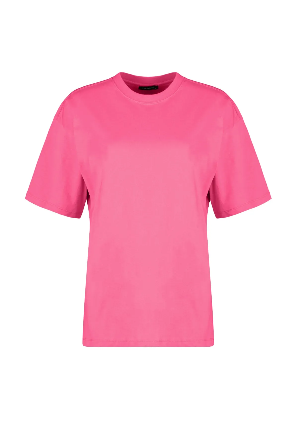 Trendyol Collection  Fuchsiafarbenes Premium-Strick-T-Shirt aus 100 % Baumwolle in Übergröße/weiter Passform mit Rundhalsausschnitt TWOSS23TS00040