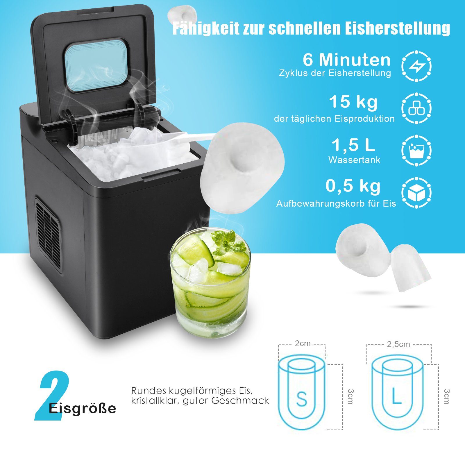 COSTWAY Eiswürfelmaschine, 9 Eiswürfel in 6-13min, 12kg 24H, Timer, Schaufel