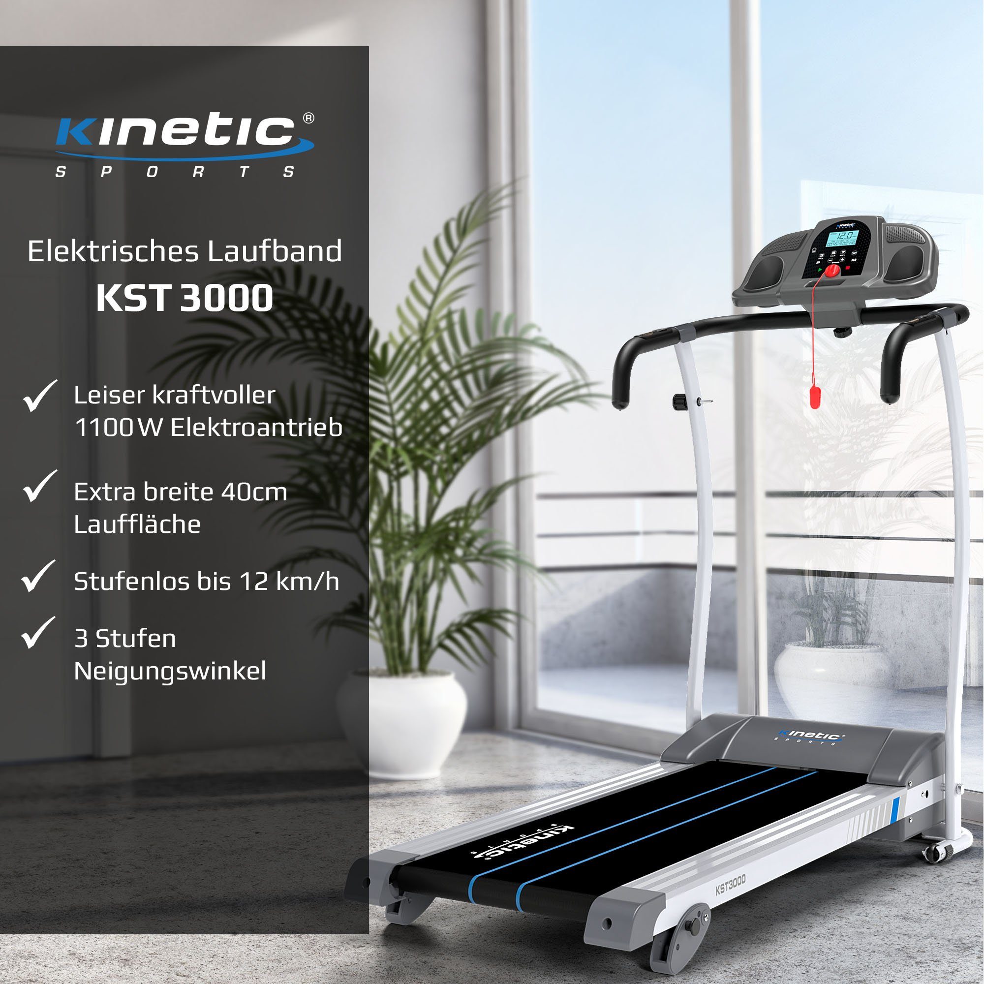 Kinetic Sports Laufband KST3000, klappbar mit LCD Display, 1100 W Motor, 1- 12 km/h