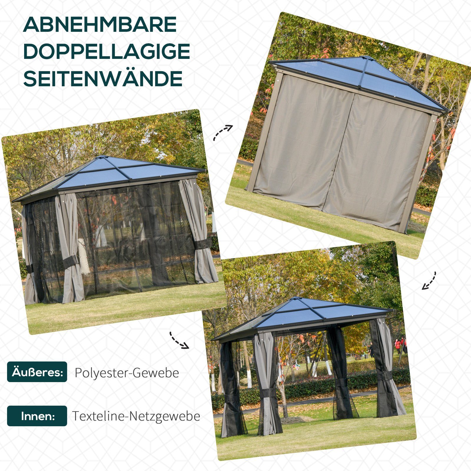 Outsunny Pavillon Pavillon, mit 4 Seitenteilen, (Set, Pavillon mit PC-Dach; 8 x Heringe), BxT: 300x300 cm