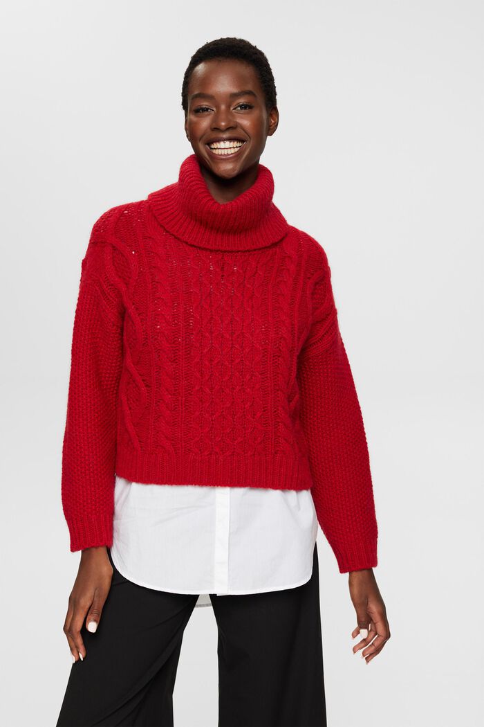 Zopfstrickpullover mit Wolle, mit Rollkragen