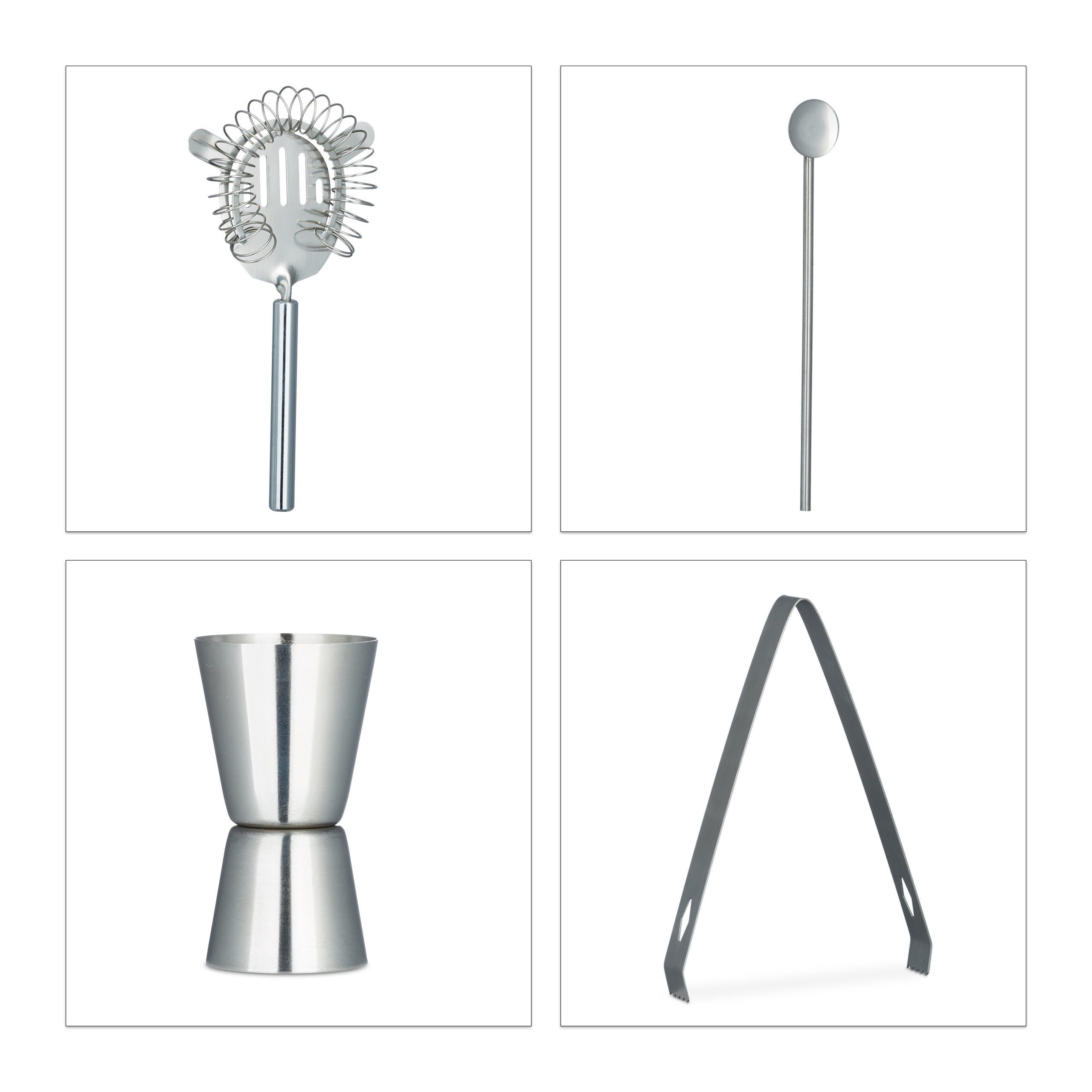 relaxdays Cocktail Shaker Cocktailset Edelstahl 5-teilig, Edelstahl