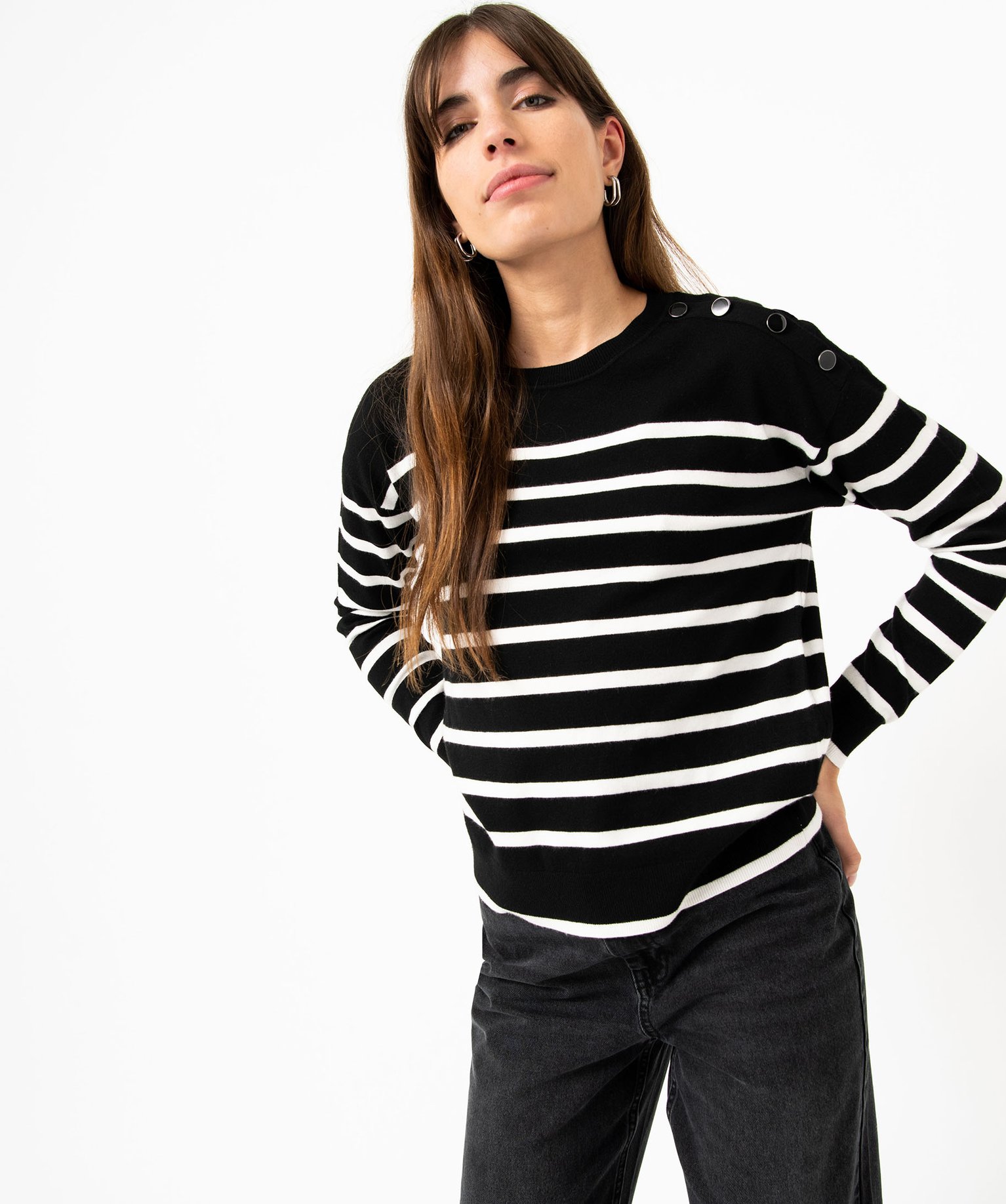 Pull rayé en maille fine avec col rond femme raye | GEMO