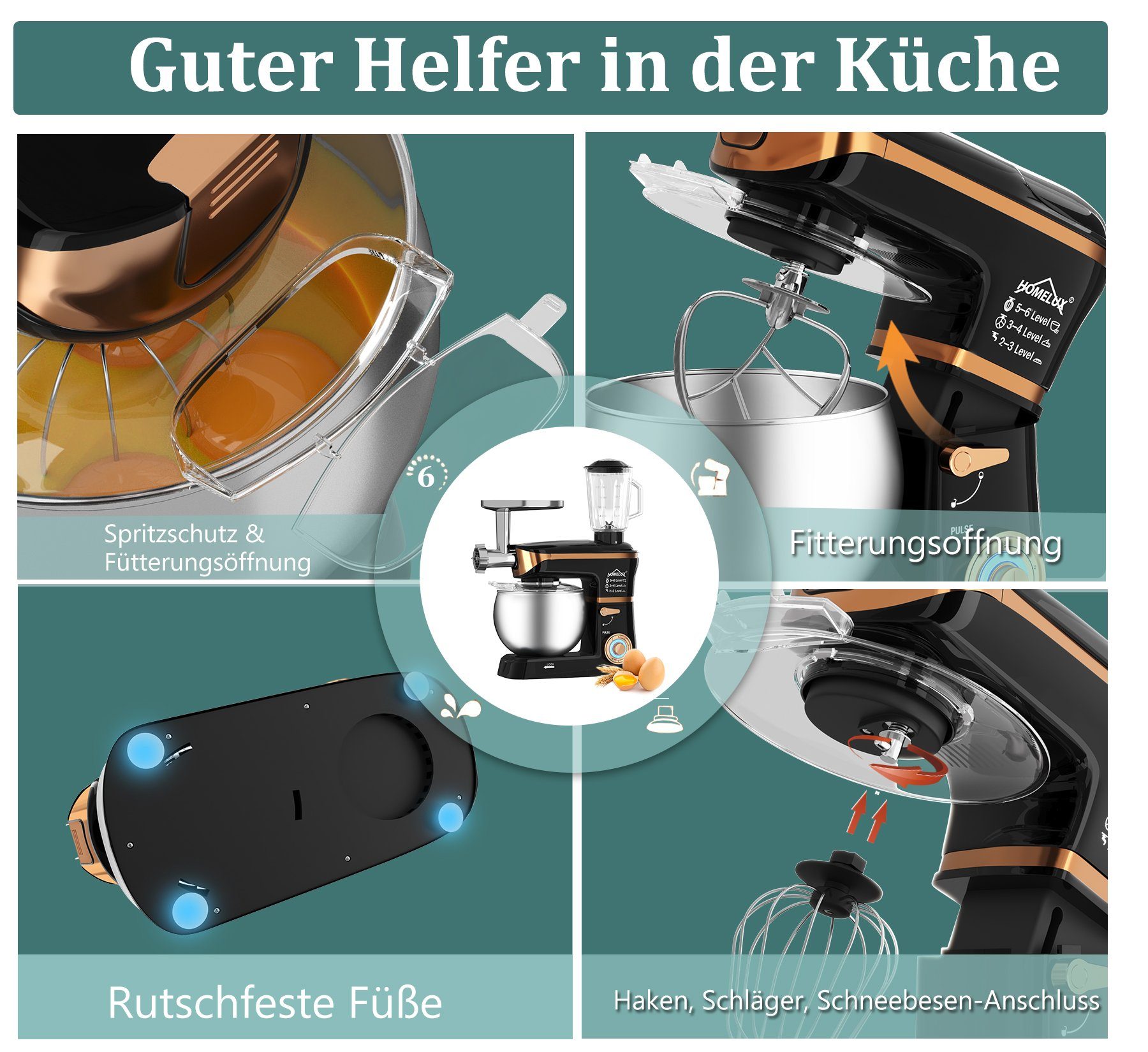 HOMELUX Küchenmaschine 3in1 Multifunktions Standmixer, 6 Geschwindigkeiten Knetmaschine, 1000,00 W, 6,00 l Schüssel, Fleischwolf, Rührmaschine