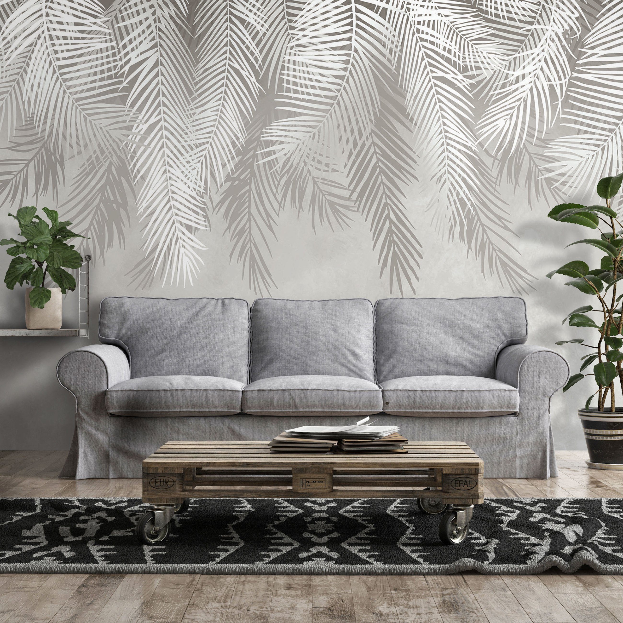 Wallarena Fototapete Blätter Palmen Pflanzen Modern Beige Vlies Tapete für Wohnzimmer oder Schlafzimmer Vliestapete Wandtapete Motivtapete, Glatt, botanisch, Vliestapete inklusive Kleister