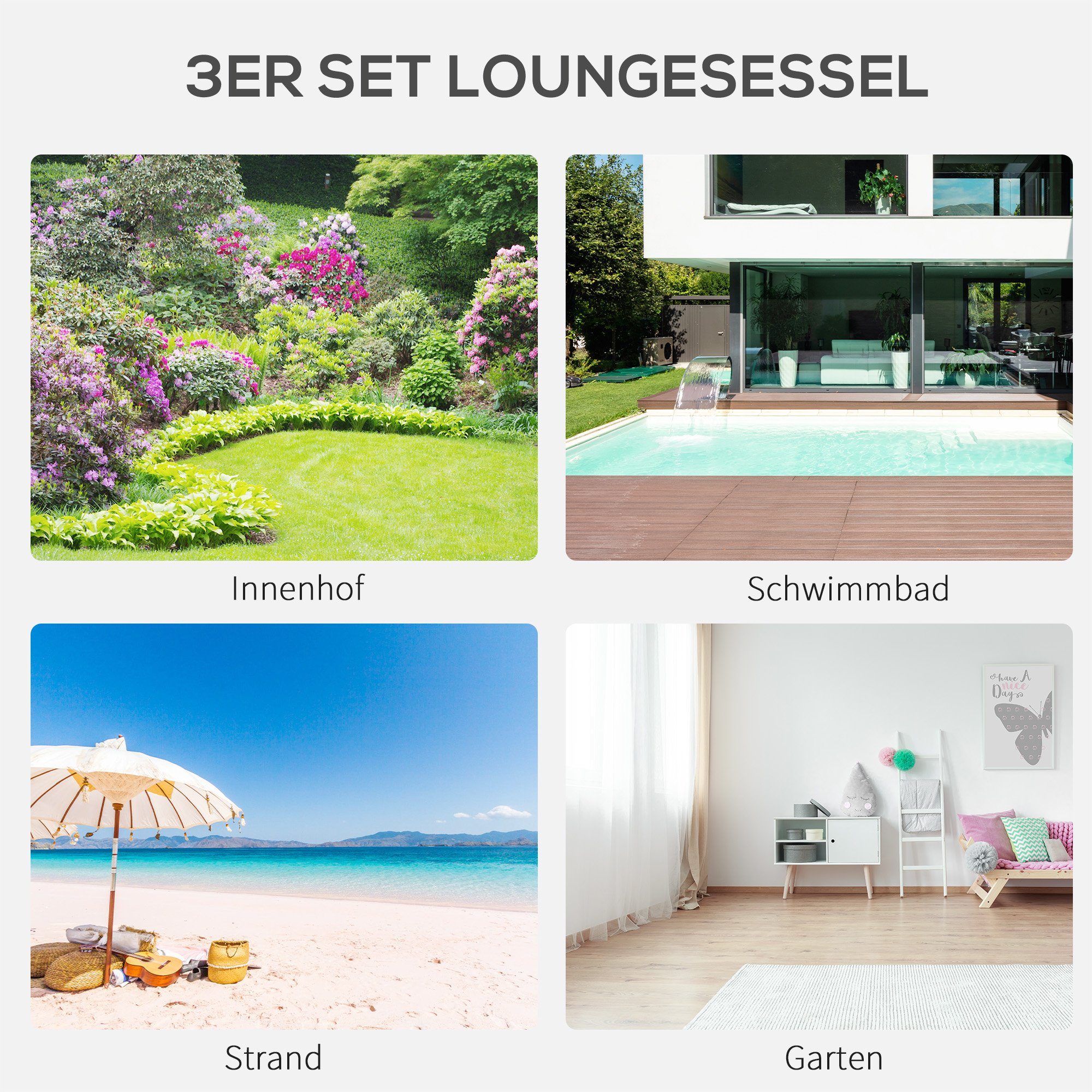 Outsunny Gartenliege Sonnenliege-Set mit Tisch, 2 Liegestühlen, Campingliege, 3 St., Relaxliege, für Balkon, Terrasse, Schwarz
