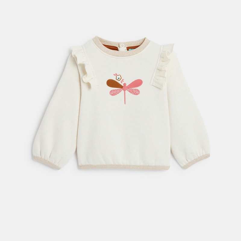 Sweat libellule brodée en molleton beige bébé fille