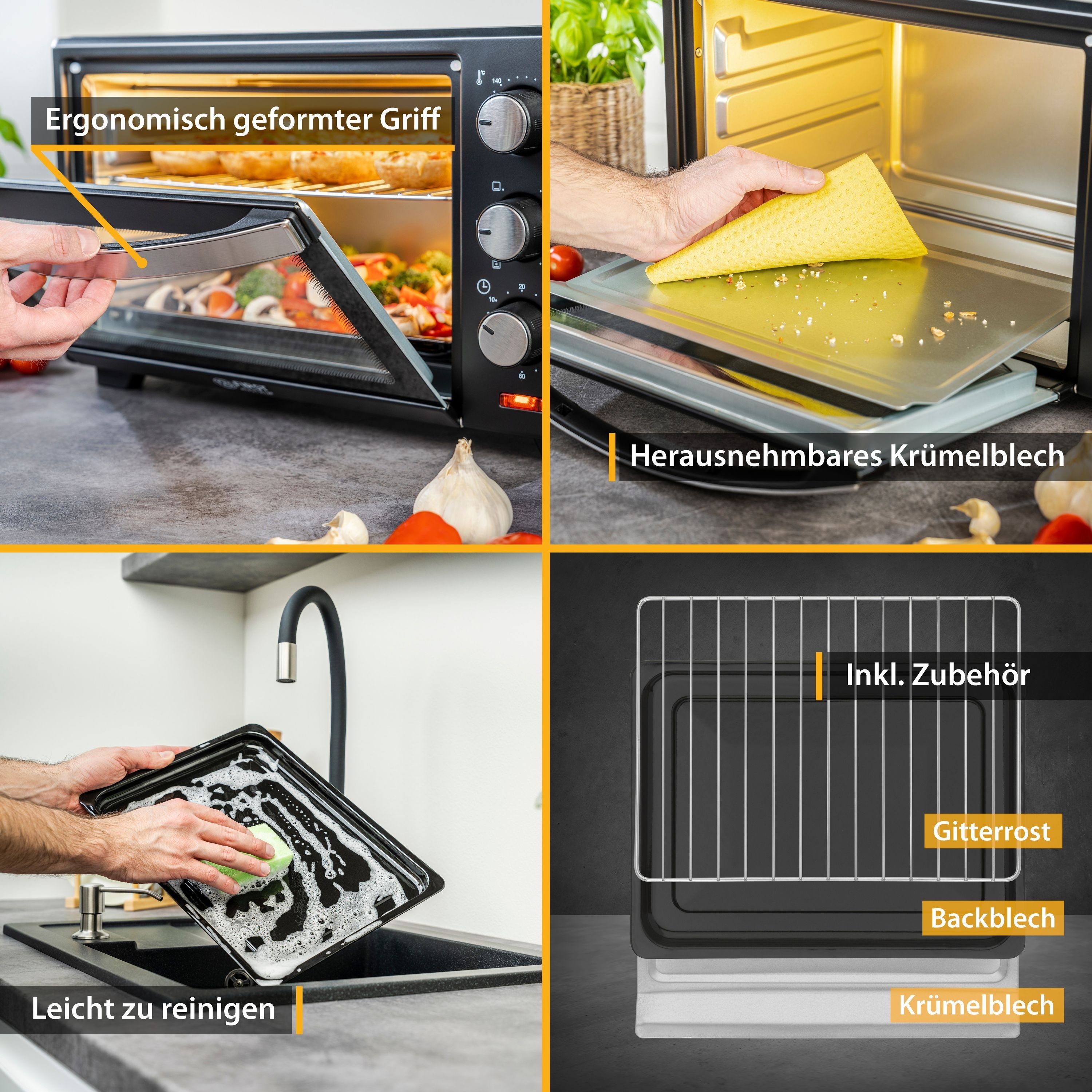 TZS FIRST AUSTRIA Minibackofen 20L Mini Backofen, 1380W, Unter-Oberhitze, bis 230 Grad, Doppelglastür, stufenlose Temperaturregelung, 60 Min Timer, Mini Ofen, Krümelblech