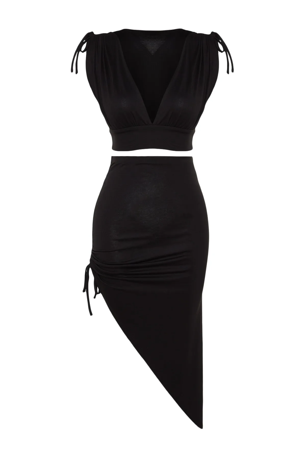 Trendyol Collection  Schwarzes gestricktes, gerafftes Blusen-Rock-Set TBESS23AU00061