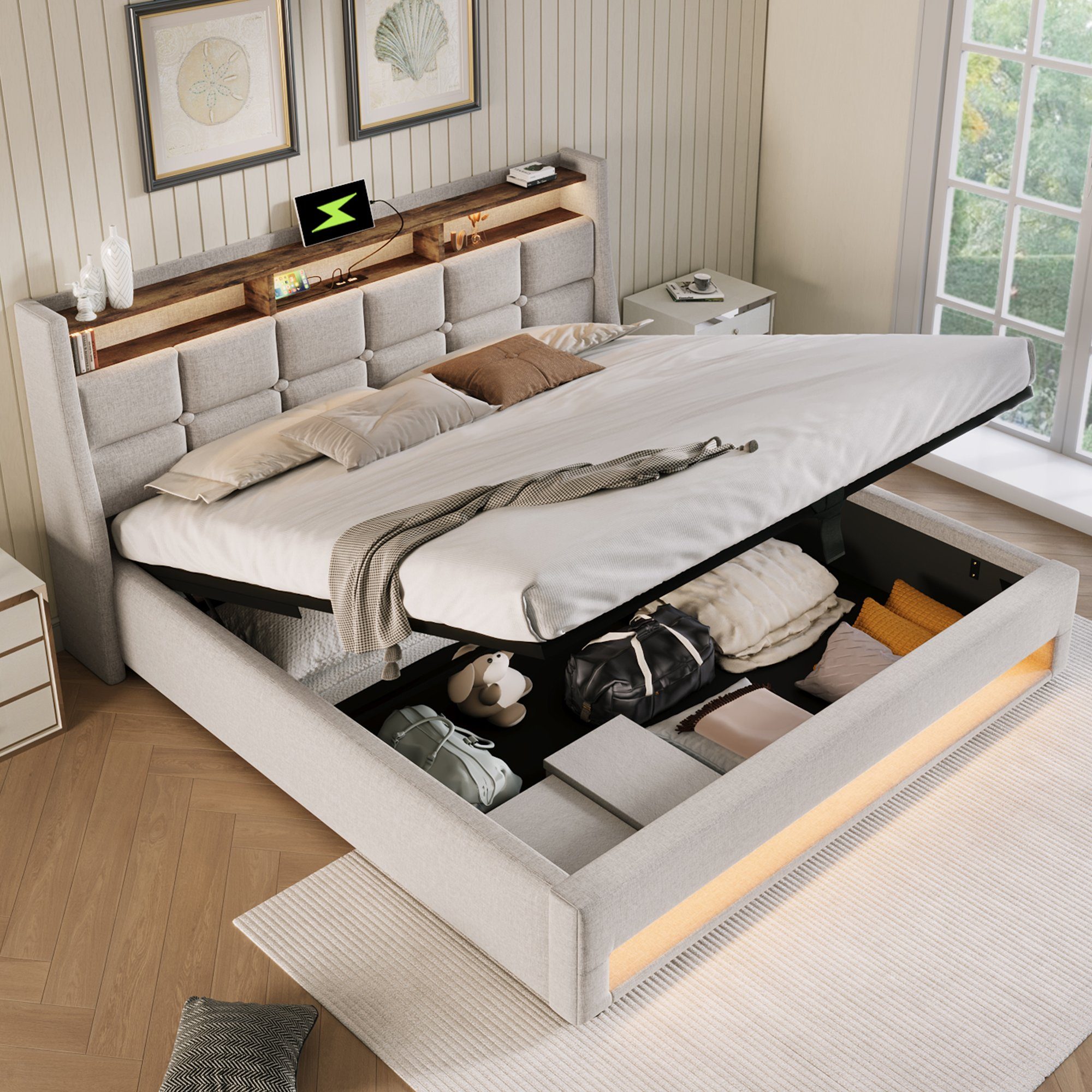 HAUSS SPLOE Polsterbett Polsterbett hydraulisches Doppelbett Funktionsbett Bettrahmen (LED Doppelbett Jugendbett mit USB/Typ-C Ladeanschluss), 180x200cm,Ohne Matratze
