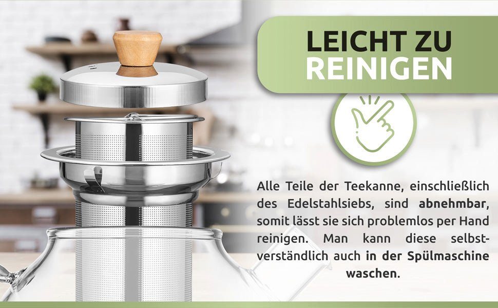PORADA Teekanne Teekanne aus Glas 1000 ml Edelstahl Erhitzer Teesieb, Tee Teekocher, 1 l, (Set, x1 Tekanne 1000ml, x1 Erhitzer, x1 Teesieb, x1 Deckel), handarbeit, extra Erhitzer, Stövchen, Edelstahl, Borosilikatglas