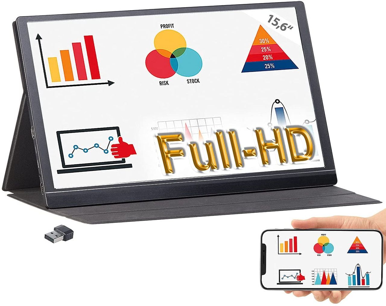 auvisio EZM-210 (ZX-5076-675)   WLAN-Stick Tragbarer Monitor Mobiler Full-HD-IPS-Monitor, 39,6 cm 15.6