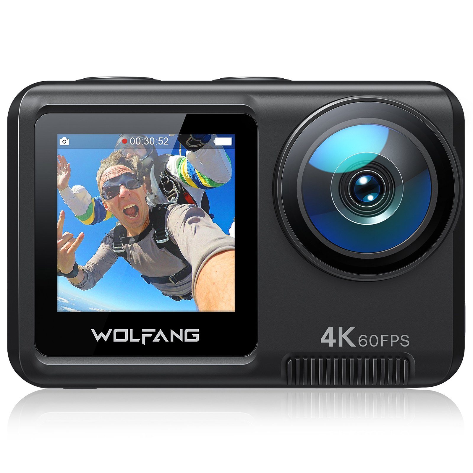 WOLFANG Action Cam (FULL HD, 4K 60FPS 24MP, Touch-Screen, 3.0 EIS, Blankes Metall Wasserdicht)