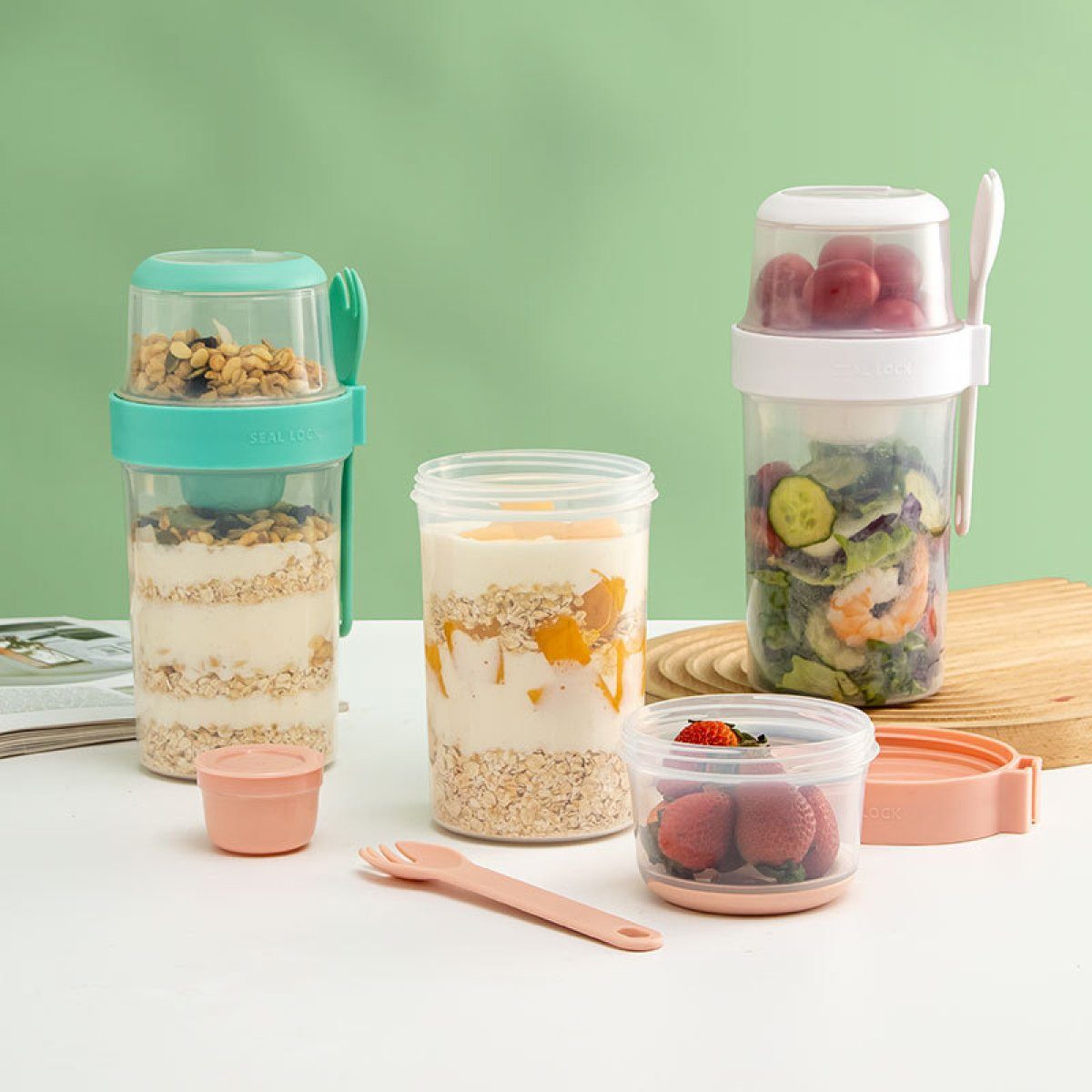 JedBesetzt Joghurtgläser Müslibecher to go,mit Dressingbehälter,310ml+760ml