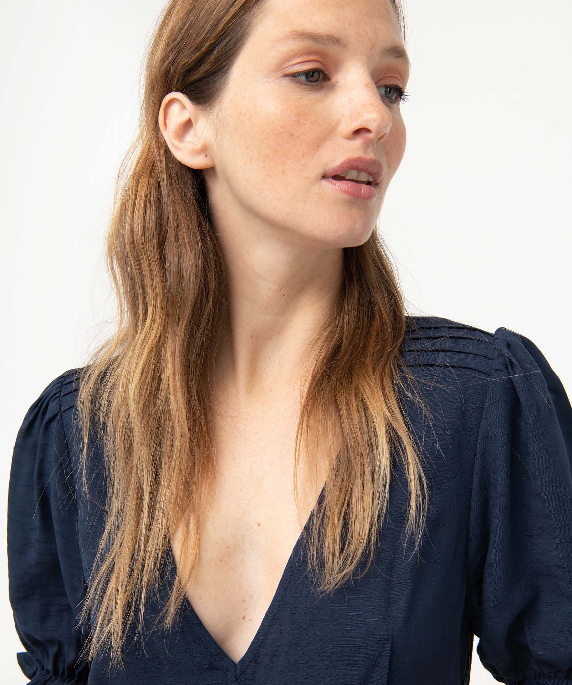 Robe femme à manches courtes avec boutons fantaisie bleu | GEMO