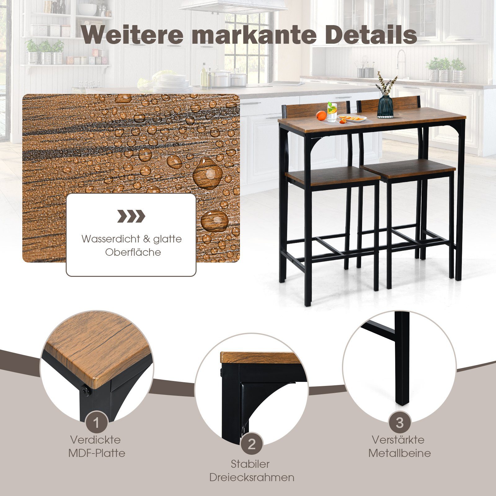 COSTWAY Bartisch, Set Esstisch (90x45x88,5cm) mit 2 Stühlen, 3 tlg., Metall
