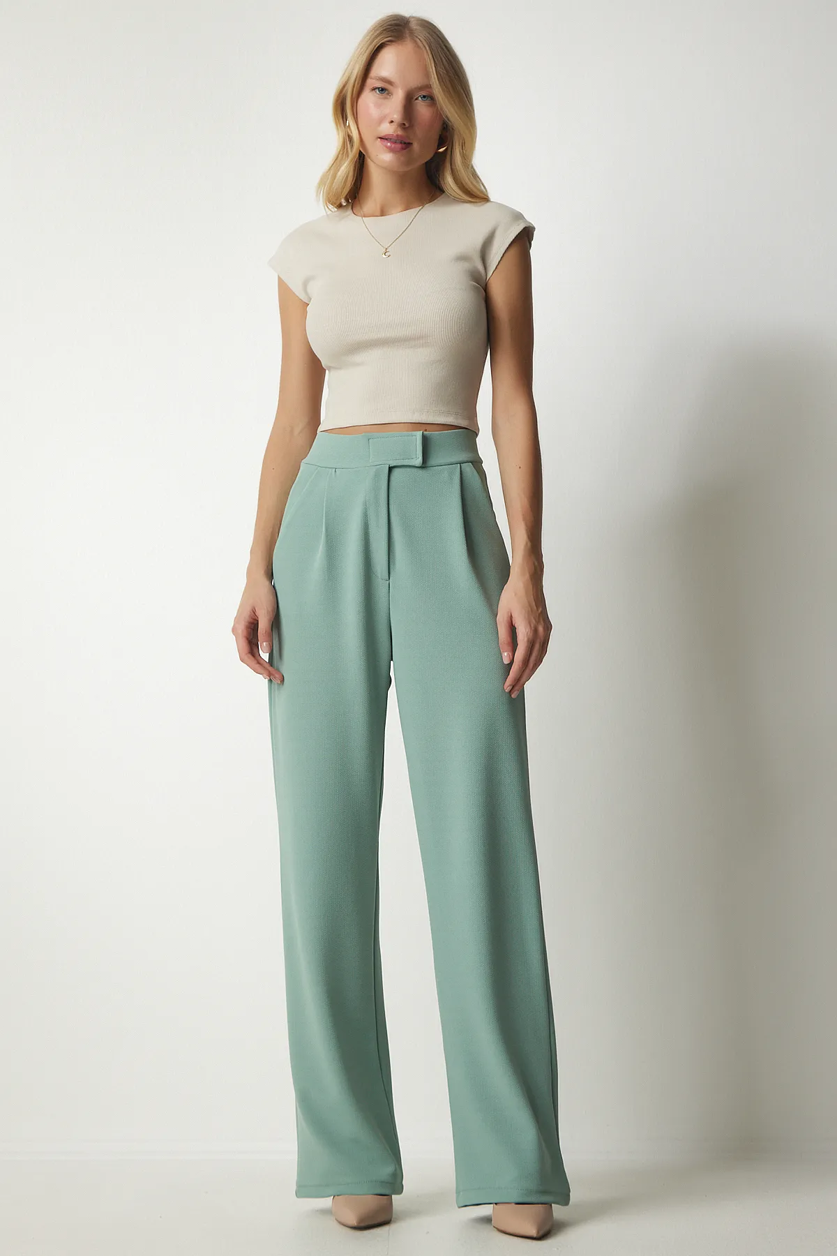 Happiness İstanbul  Wassergrüne, bequeme Webhose mit Klettverschluss für Damen RV00150