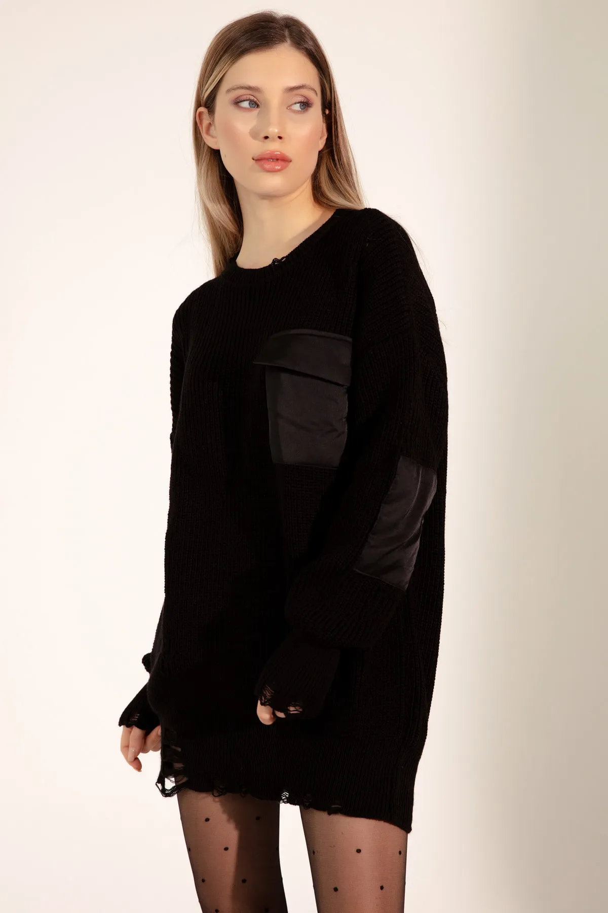 Lafaba  Schwarze Damen-Stricktunika mit Rundhalsausschnitt und Taschen aus Stoff