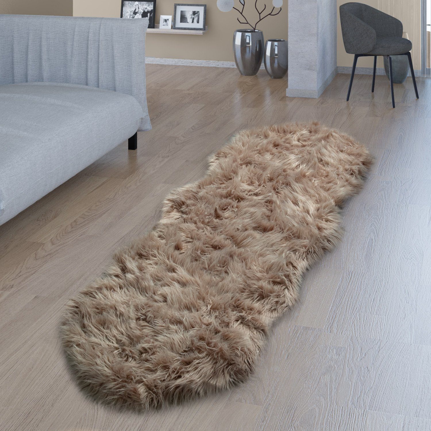Fellteppich Wohnzimmer Hochflor Teppich Kunst-Fell Design, TT Home, rund, Höhe: 64 mm