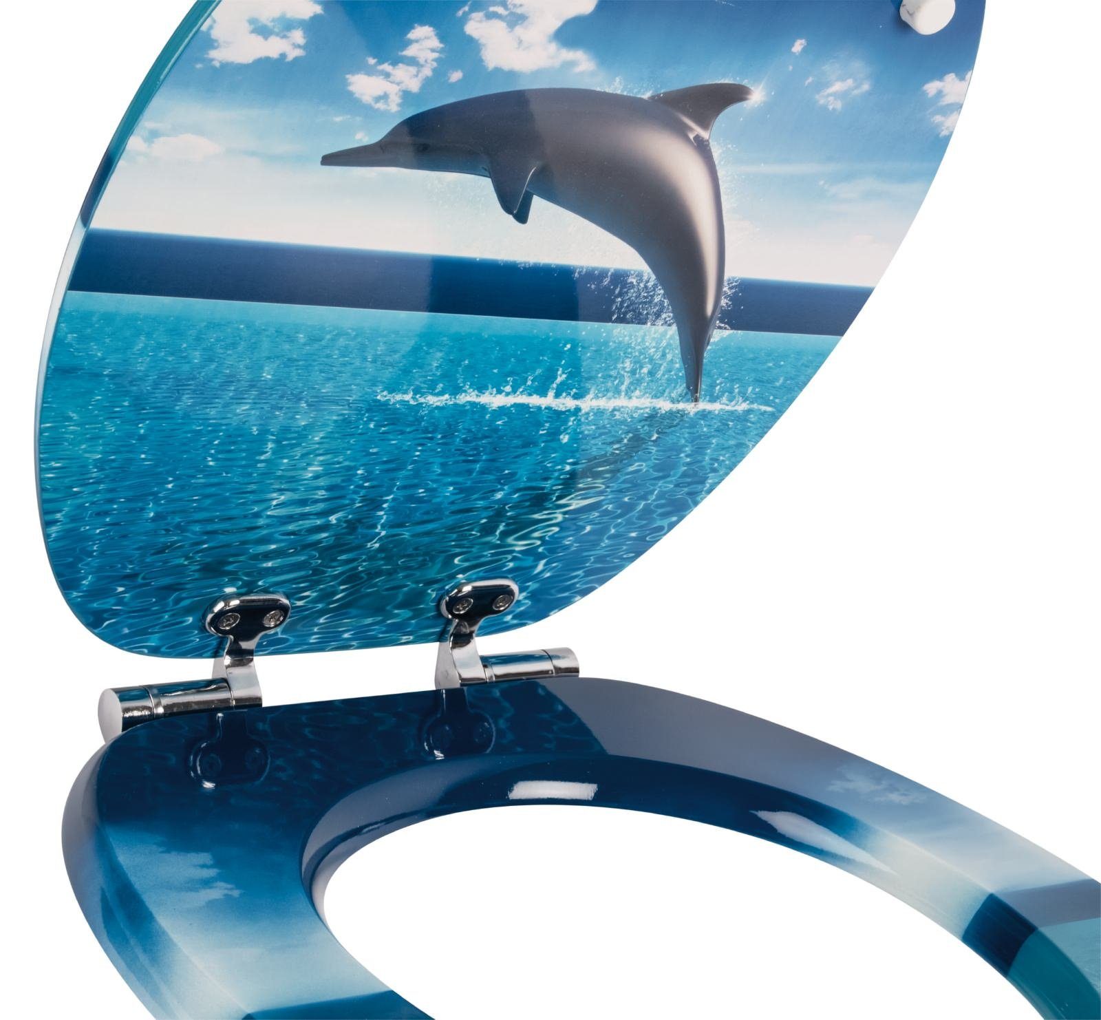 Calmwaters WC-Sitz Motiv Delfine & Fische , Motiv Delfin, Holzkern, Absenkautomatik, Montage von unten, 26LP2835