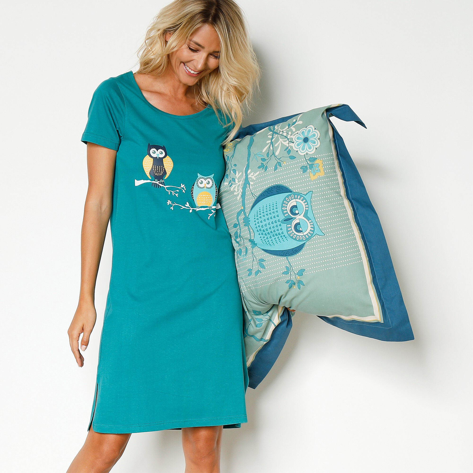 Chemise de nuit imprimé hiboux manches courtes