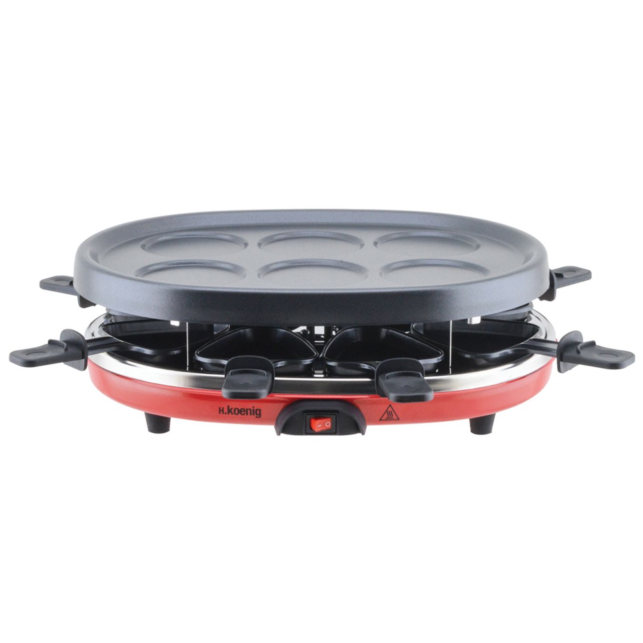 H.Koenig RP412 Raclette-Gerät 4 in 1 / 8 Personen / Raclette, Natursteingrill, Crepe-Platte und Grillplatte / mit 8 Pfännchen / 900 W / schwarz/rot