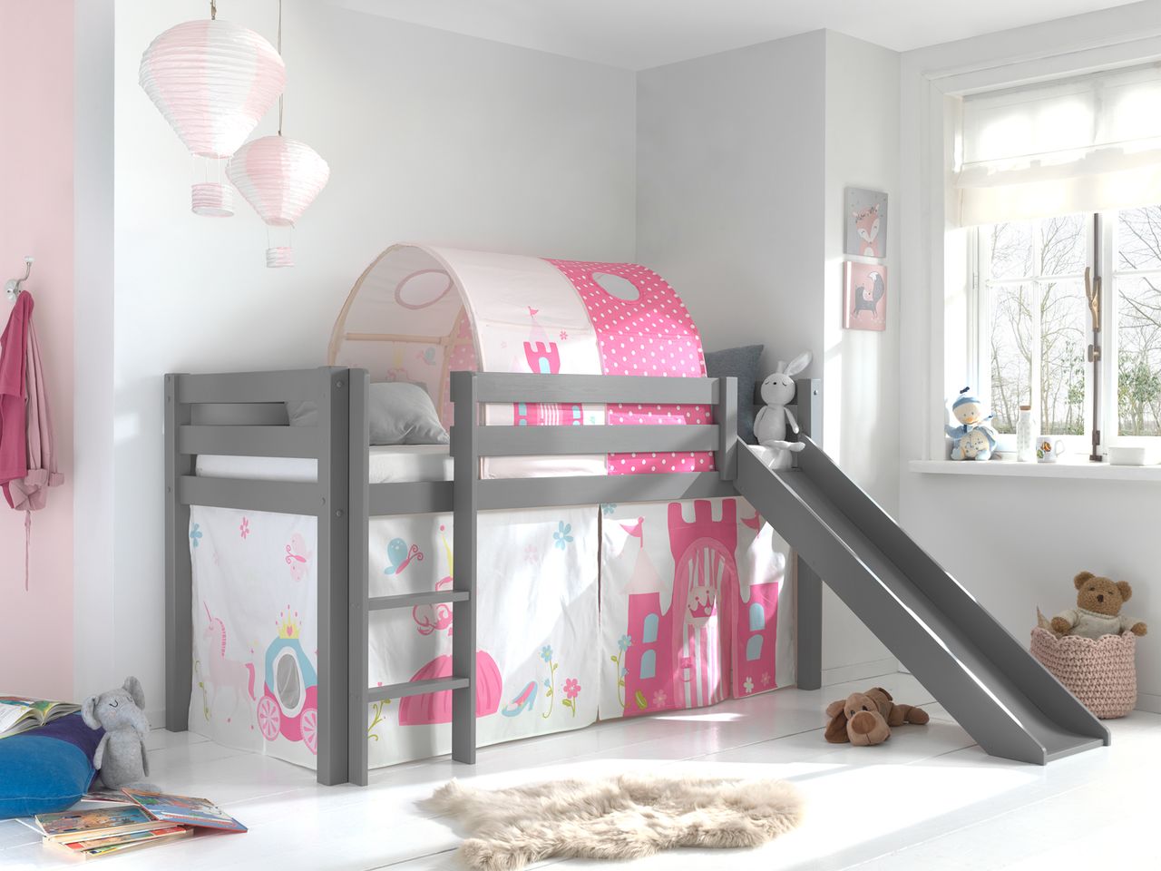 VIPACK Spielbett Pino inkl. Rutsche mit Textilset Vorhang und Tunnel 