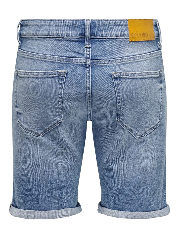 Only&Sons Jeansshorts mit umgeschlagenem Saum und Knopfverschluss in Blau-3 günstig kaufen