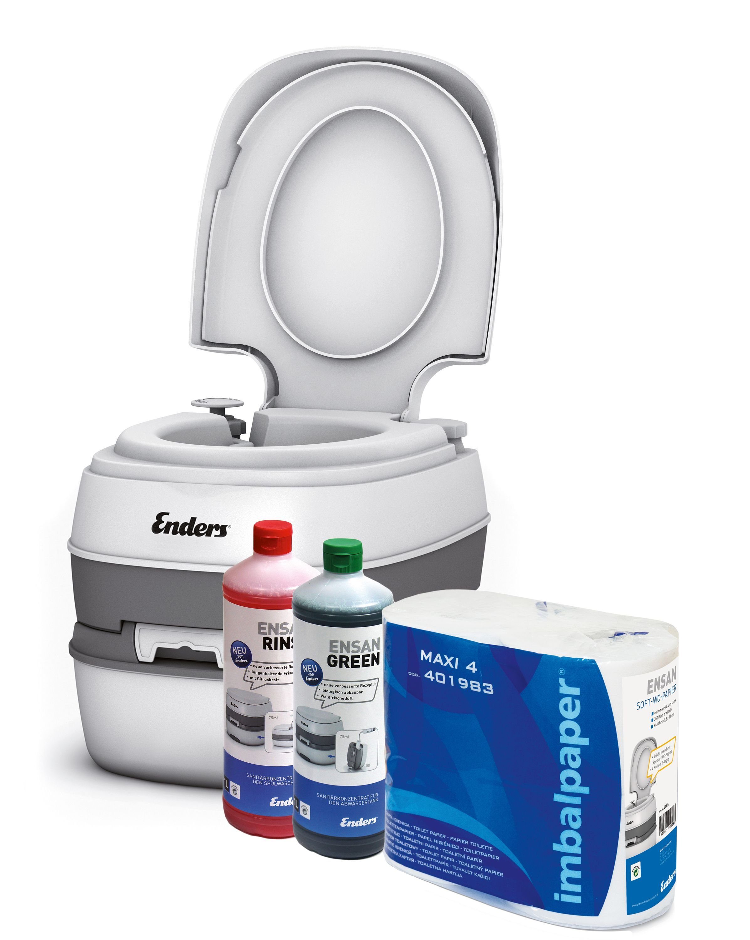 Enders® Campingtoilette Starterset Green Comfort, (Spar-Set, inkl. 1L RINSE + 1L GREEN + 4 Rollen selbstauflösendes Toilettenpapier), Kolbenpumpe, geringes Gewicht, glatte und hygienische Oberfläche
