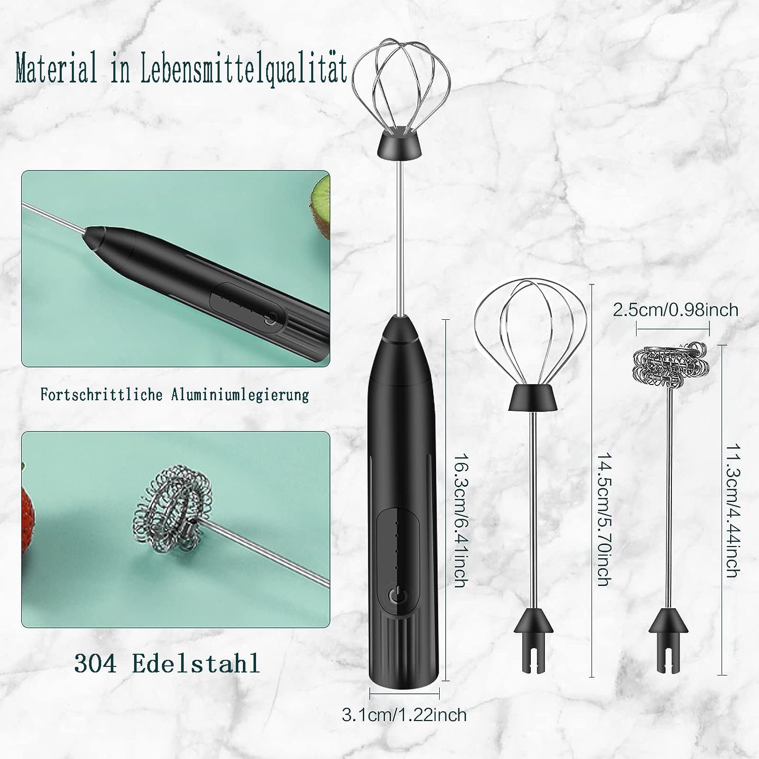 flowgoer Milchaufschäumer Elektrischer Milchaufschäumer-Stick, wiederaufladbar über USB, Elektromixer mit wiederaufladbarem USB, 3-fach verstellbar, Edelstahl