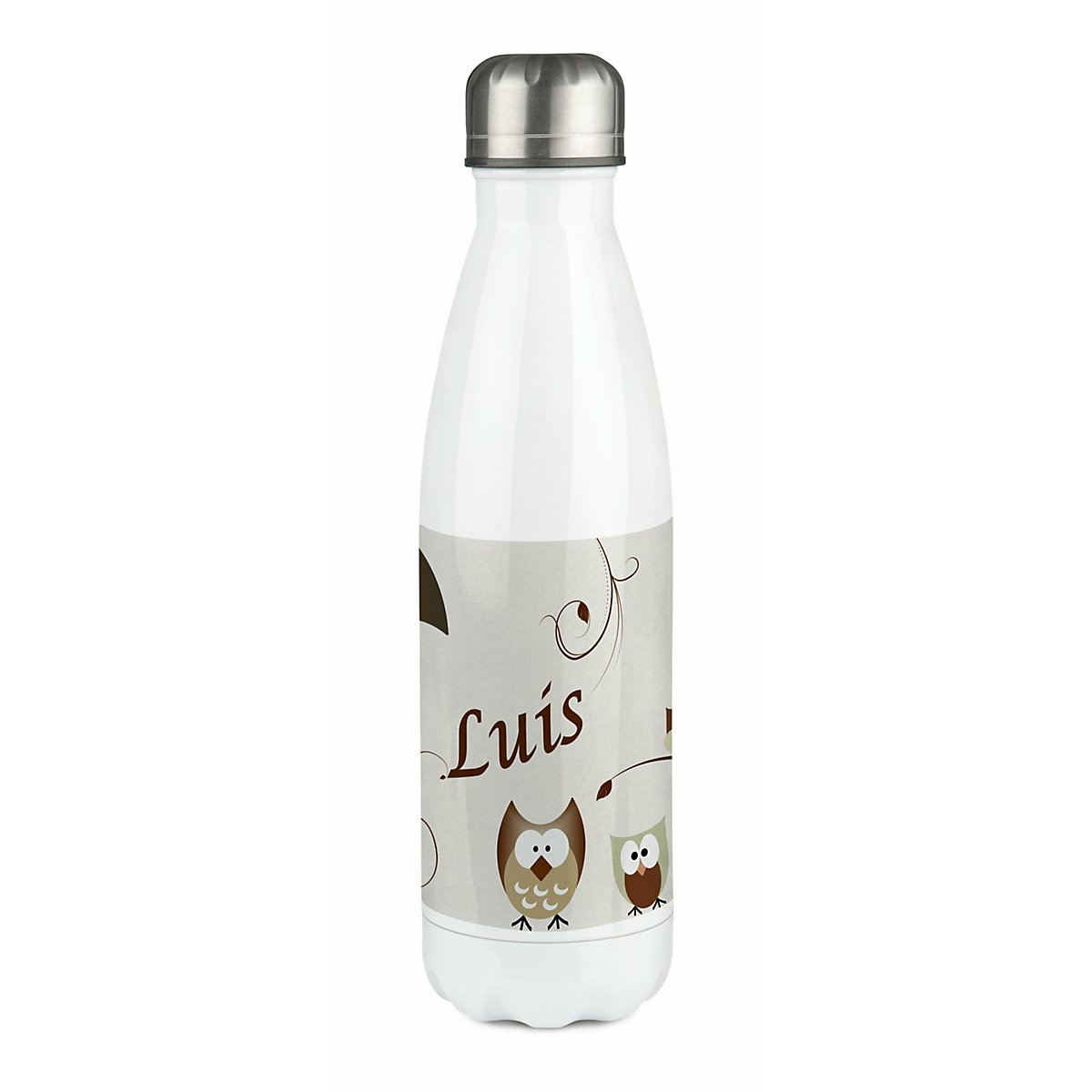 Edelstahl Kinder Thermoflasche / Trinkflasche bunt Eule Farbe beige Spülmaschinenfest, Auslaufsicher, Bruchfest, Doppelwandig, Für Heißgetränke geeignet, Mit Deckel, Isoliert