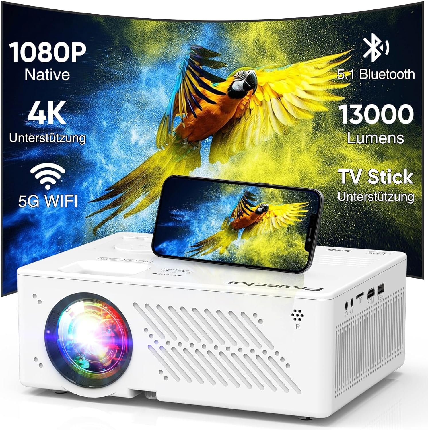 Rosemary Conley Native 1080P 5G WiFi Bluetooth, 350 ANSI 4K unterstützt Filmprojektor Portabler Projektor (13000 lm, 10000:1, 3840 x 2160 px, Maximal 300“ Display Heimkino Video kompatibel TV-Stick Mobiltelefon)