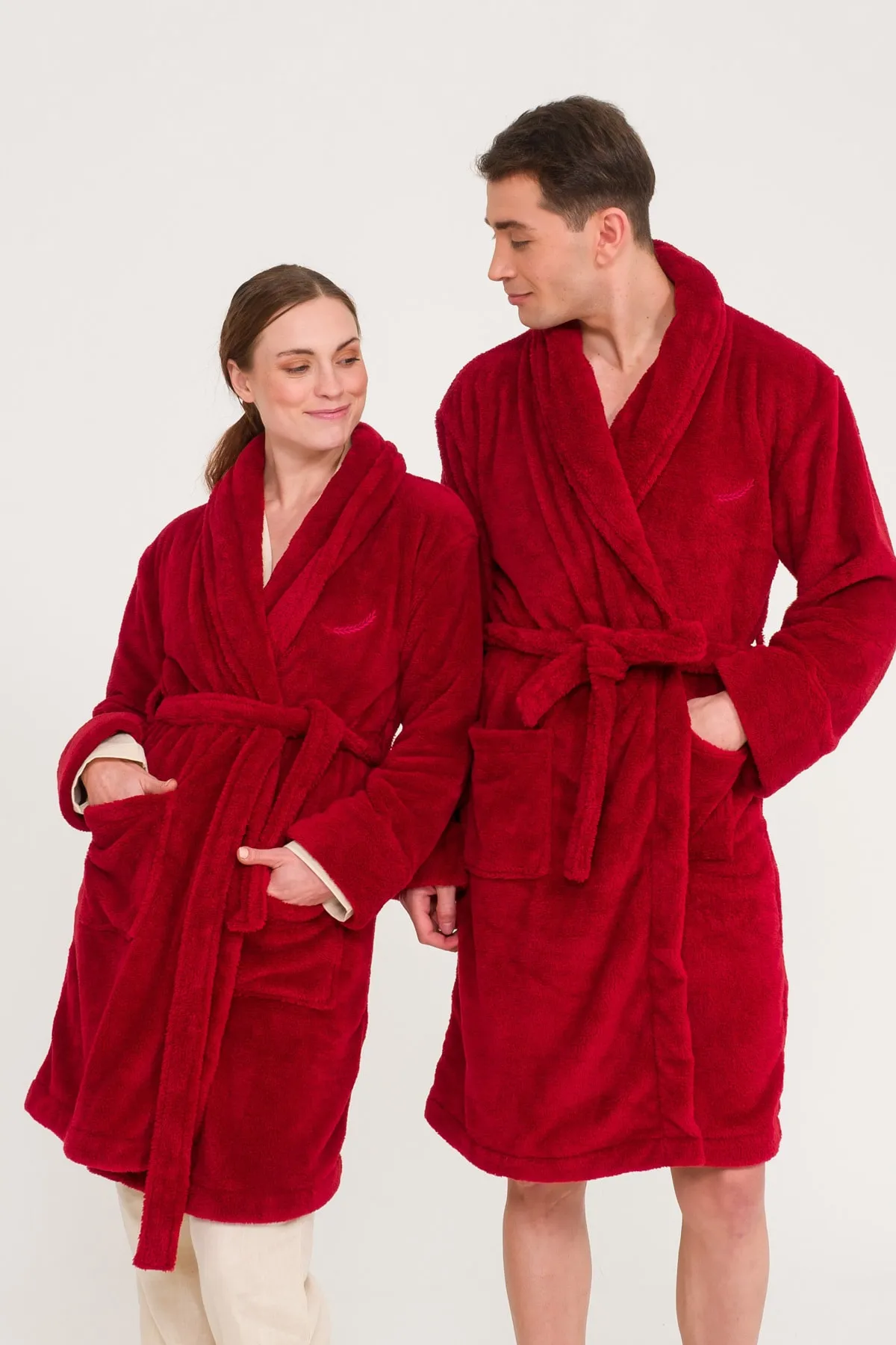 Miespiga  Schalkragen Welsoft Bordeauxrot Fleece-Bademantel Familienset