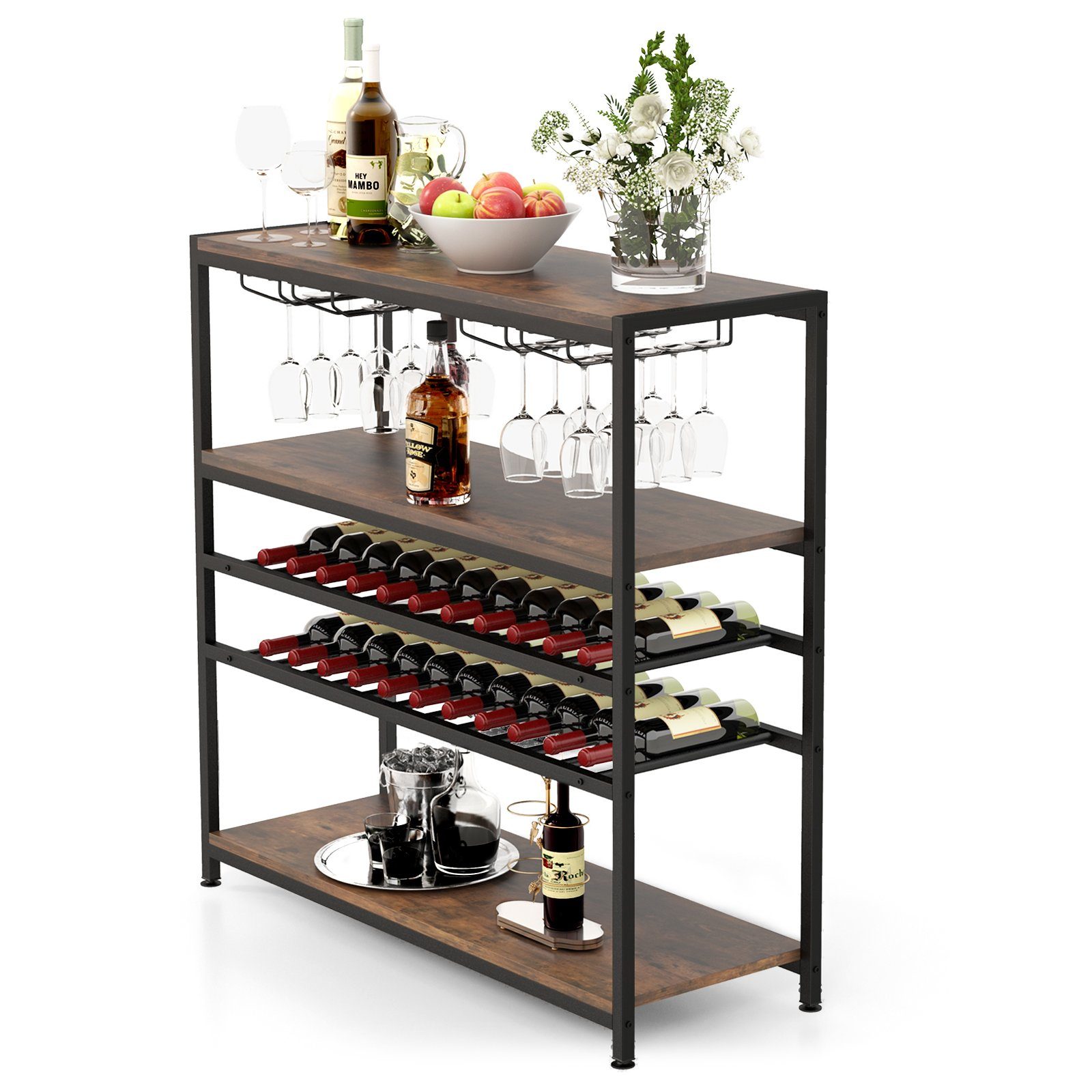 COSTWAY Weinregal, stehend, mit Glashalter & Regalen, Metall, 35x101x100cm