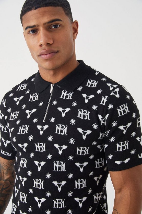 Muscle-Fit Jacquard Poloshirt mit halbem Reißverschluss