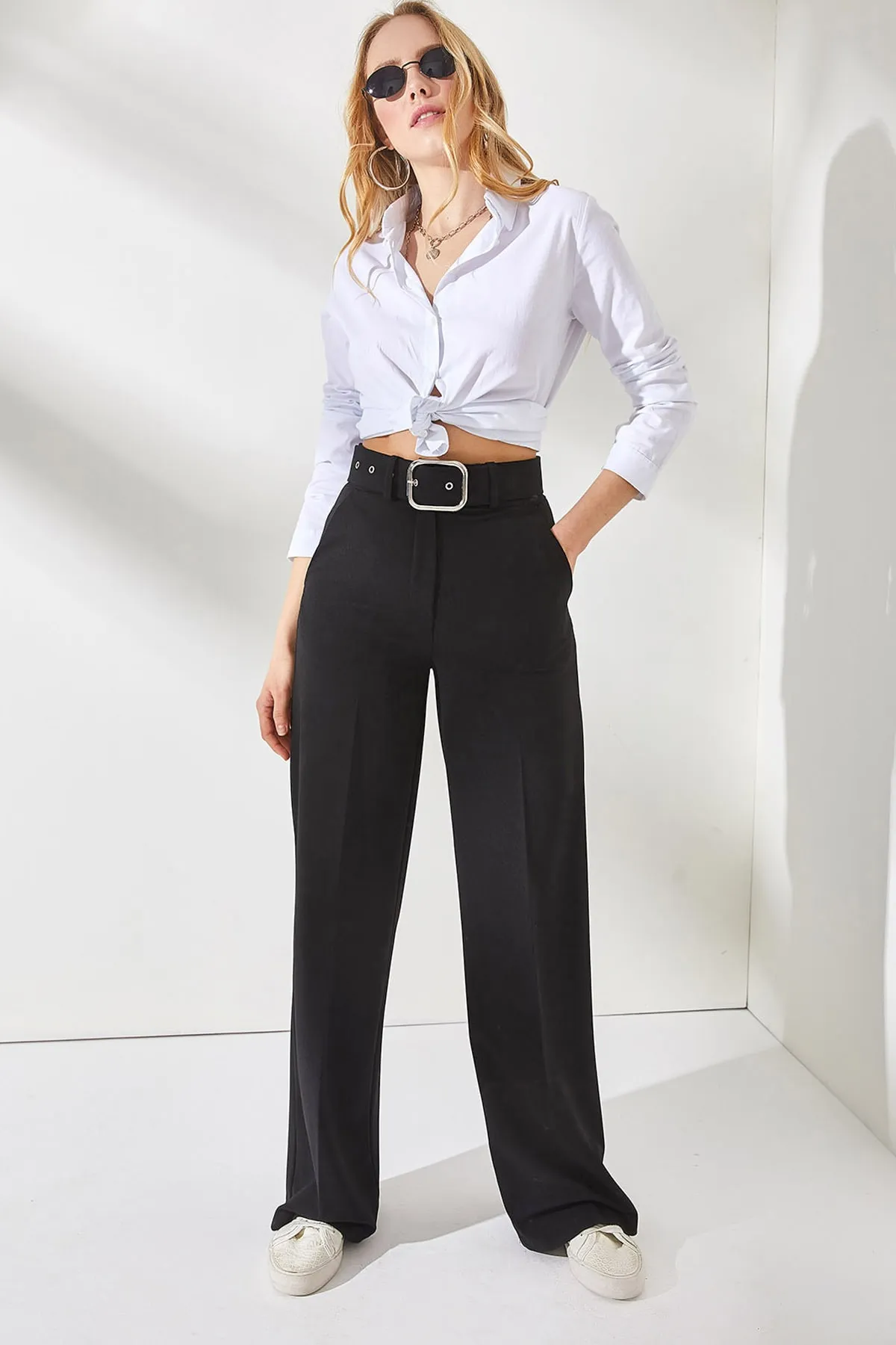 Olalook  Schwarze Palazzo-Hose aus Scuba-Krepp für Damen mit Metallschnalle und Gürtel, PNT-19000208