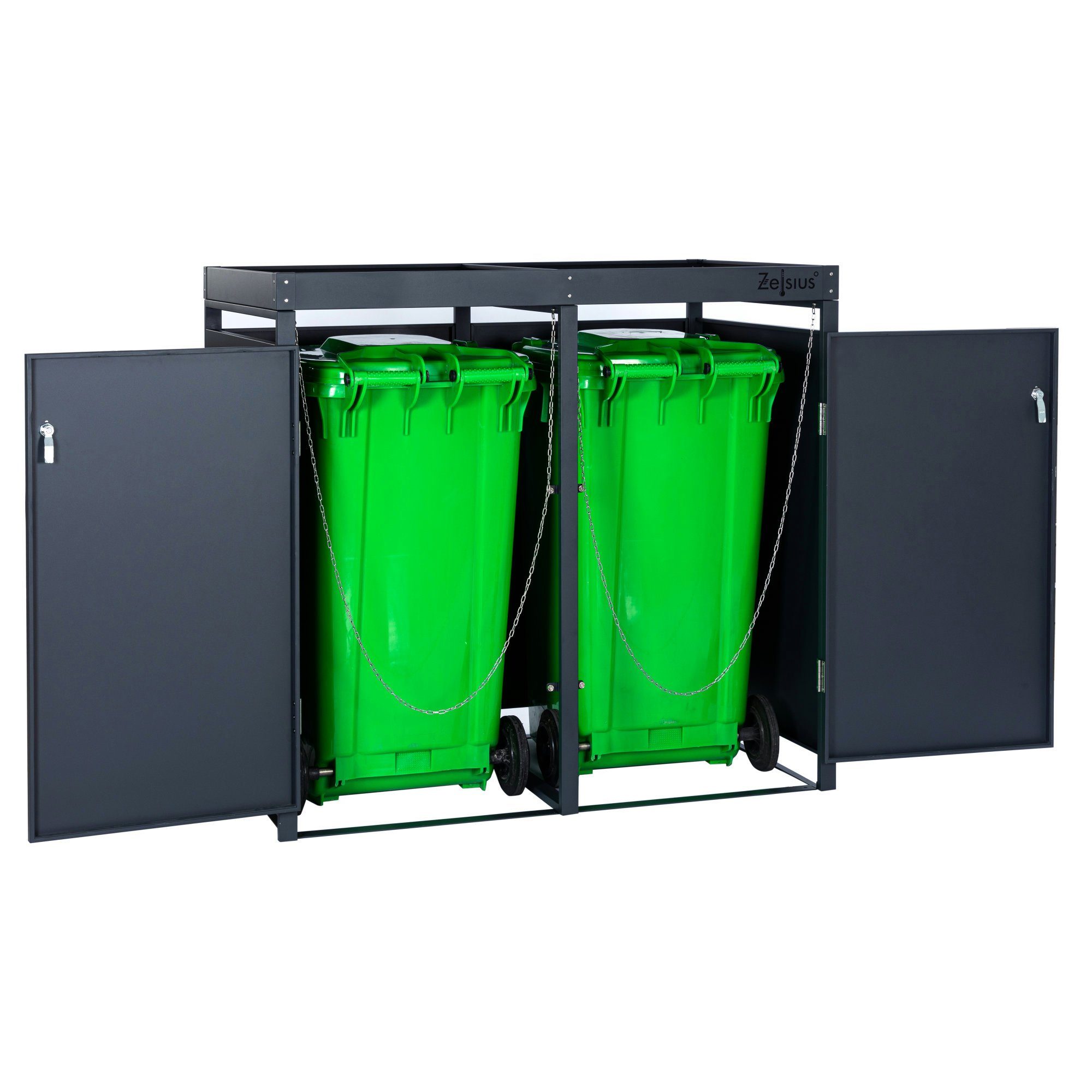 Zelsius Mülltonnenbox Mülltonnenbox mit Pflanzdach für vier 120 - 240 Liter Mülltonnen (2 Doppelboxen, 2 Doppelboxen), Abschließbare Tür