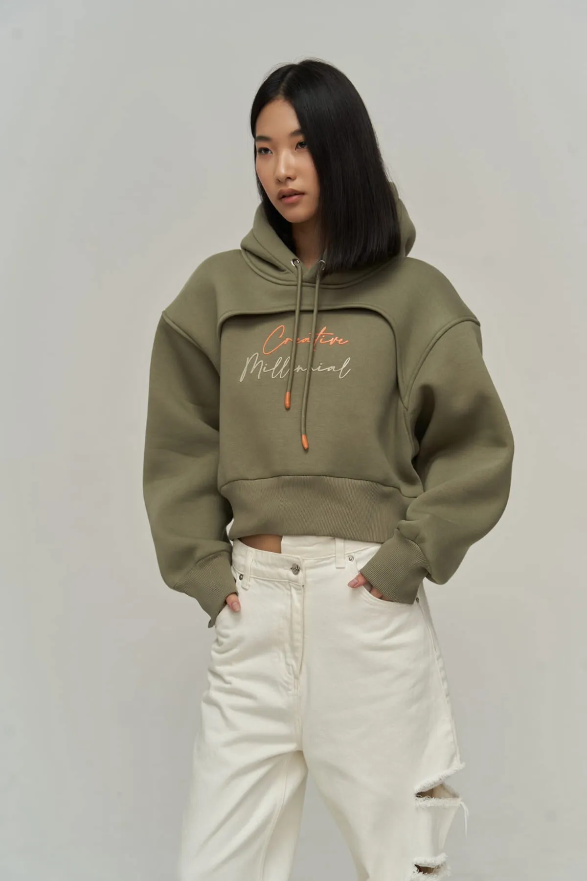 MAİ COLLECTİON  Kreatives, weiches Khaki-Crop-Sweatshirt