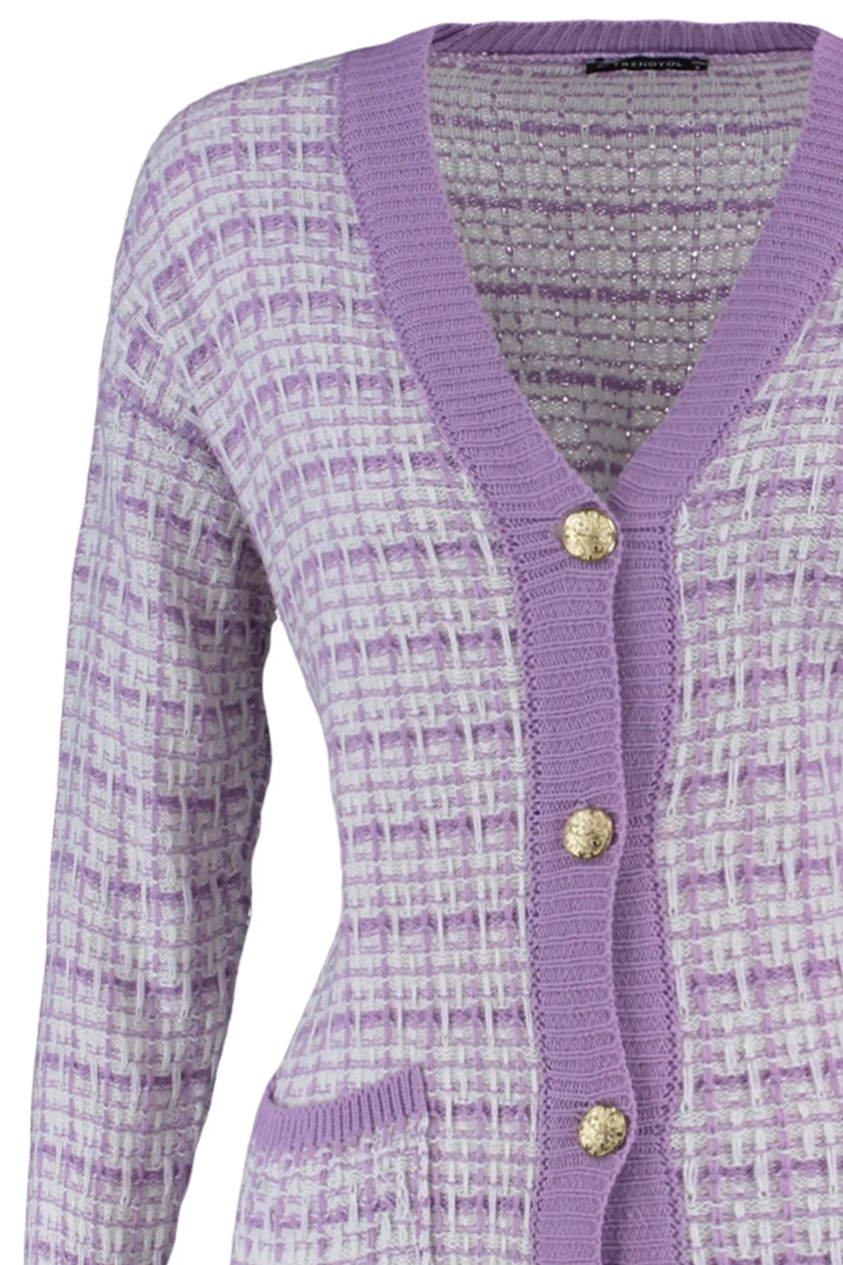 Trendyol Collection  Lilafarbener, weiter Strickcardigan in Tweed-Optik mit Glitzer TWOAW21HI0250
