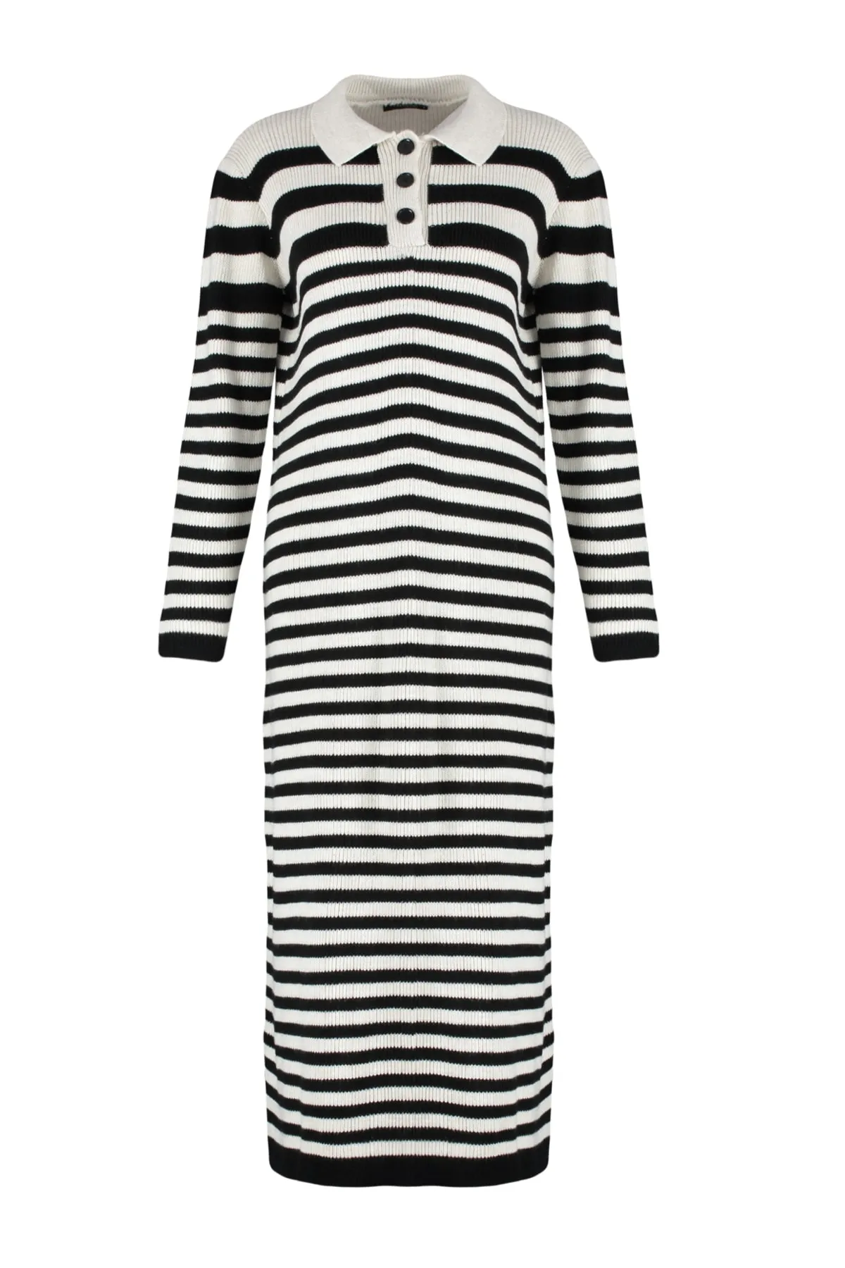 Trendyol Modest  Schwarzes gestreiftes Strickkleid mit Polokragen TCTAW24EB00026
